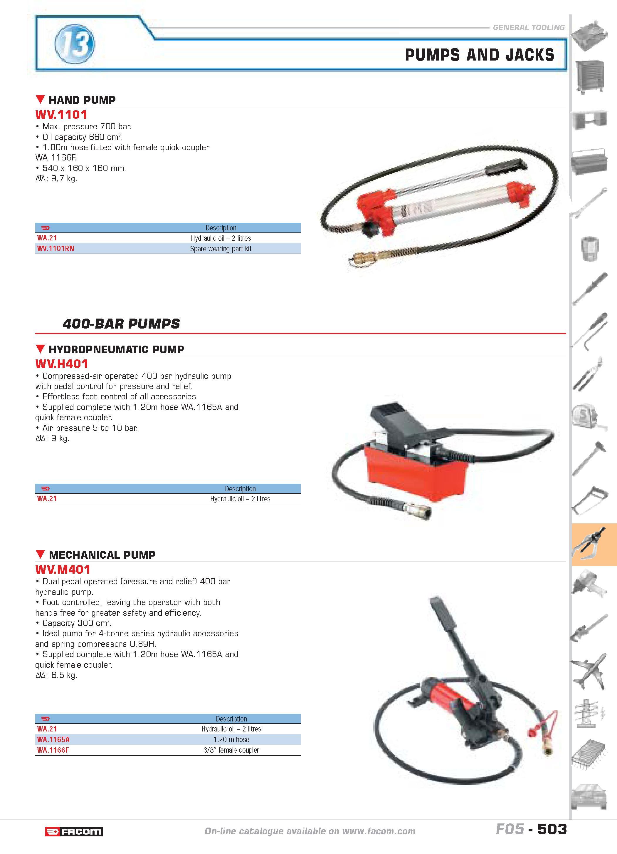 500 PUMPS AND JACKS P HAND PUMP WV 1101 Max pressure 700 bar Oil capacity 660 cm3 1 80m hose fitted with female quick coupler WA 1166F 540 x 160 x 16 Каталог FACOM 2005 Профессиональный ручной инструмент и специальное оборудование для предприятий и мастерских Стр. 503 ENG