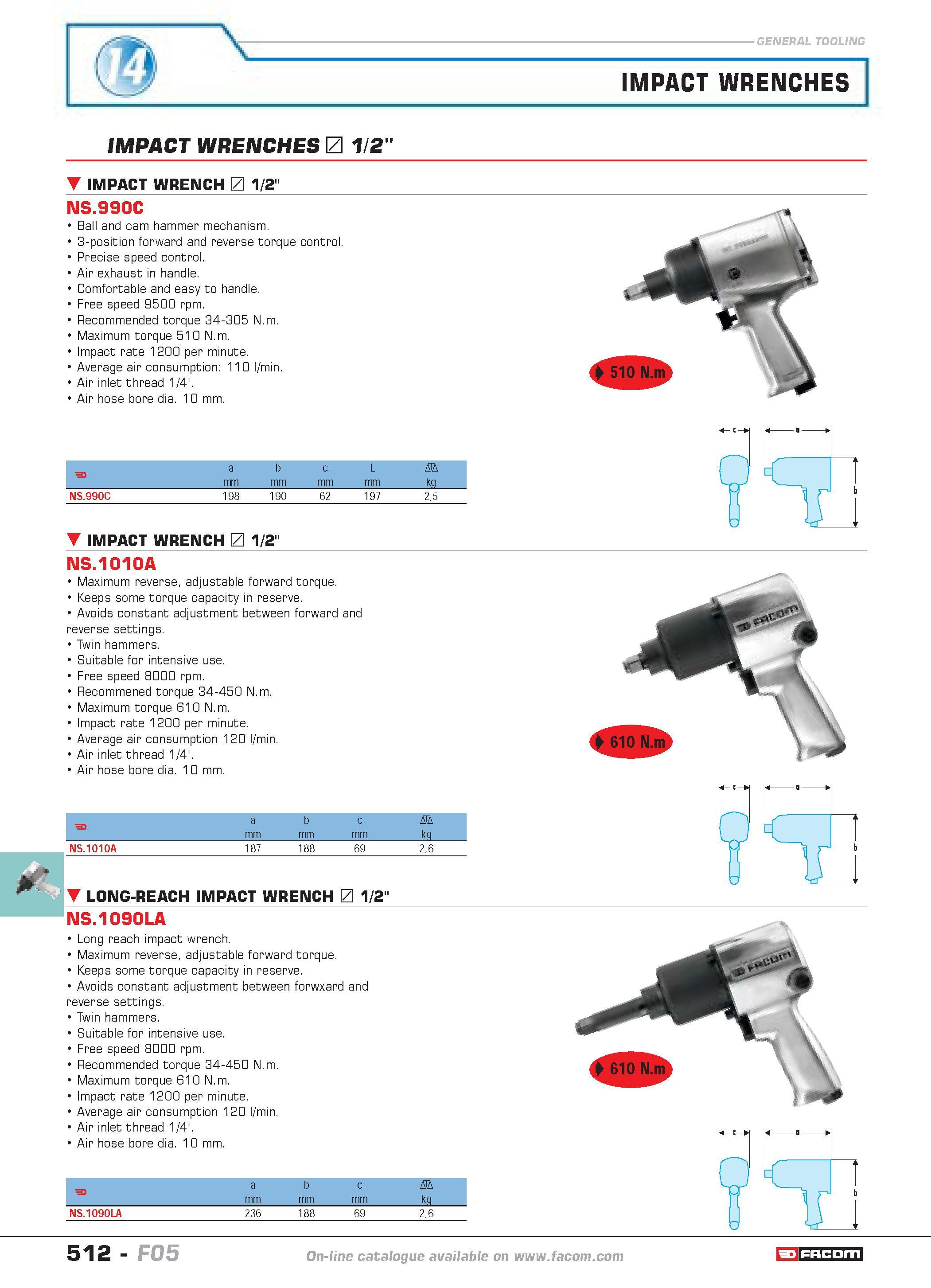 509 IMPACT WRENCHES IMPACT WRENCHES 1/2 IMPACT WRENCH 1/2 NS 990C Ball and cam hammer mechanism 3-position forward and reverse torque control Precise Каталог FACOM 2005 Профессиональный ручной инструмент и специальное оборудование для предприятий и мастерских Стр. 512 ENG