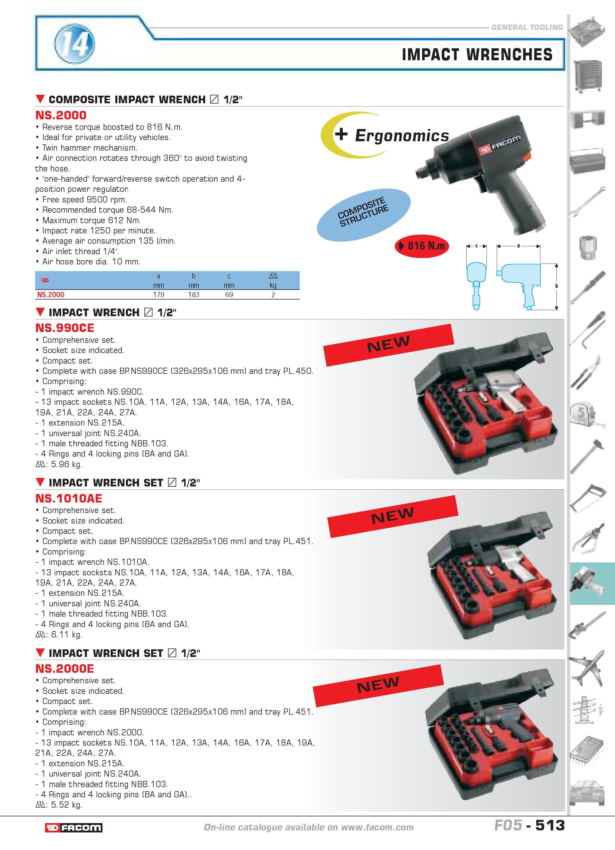 510 IMPACT WRENCHES COMPOSITE IMPACT WRENCH 1/2 NS 2000 Reverse torque boosted to 816 N m Ideal for private or utility vehicles Twin hammer mechanism Каталог FACOM 2005 Профессиональный ручной инструмент и специальное оборудование для предприятий и мастерских Стр. 513 ENG