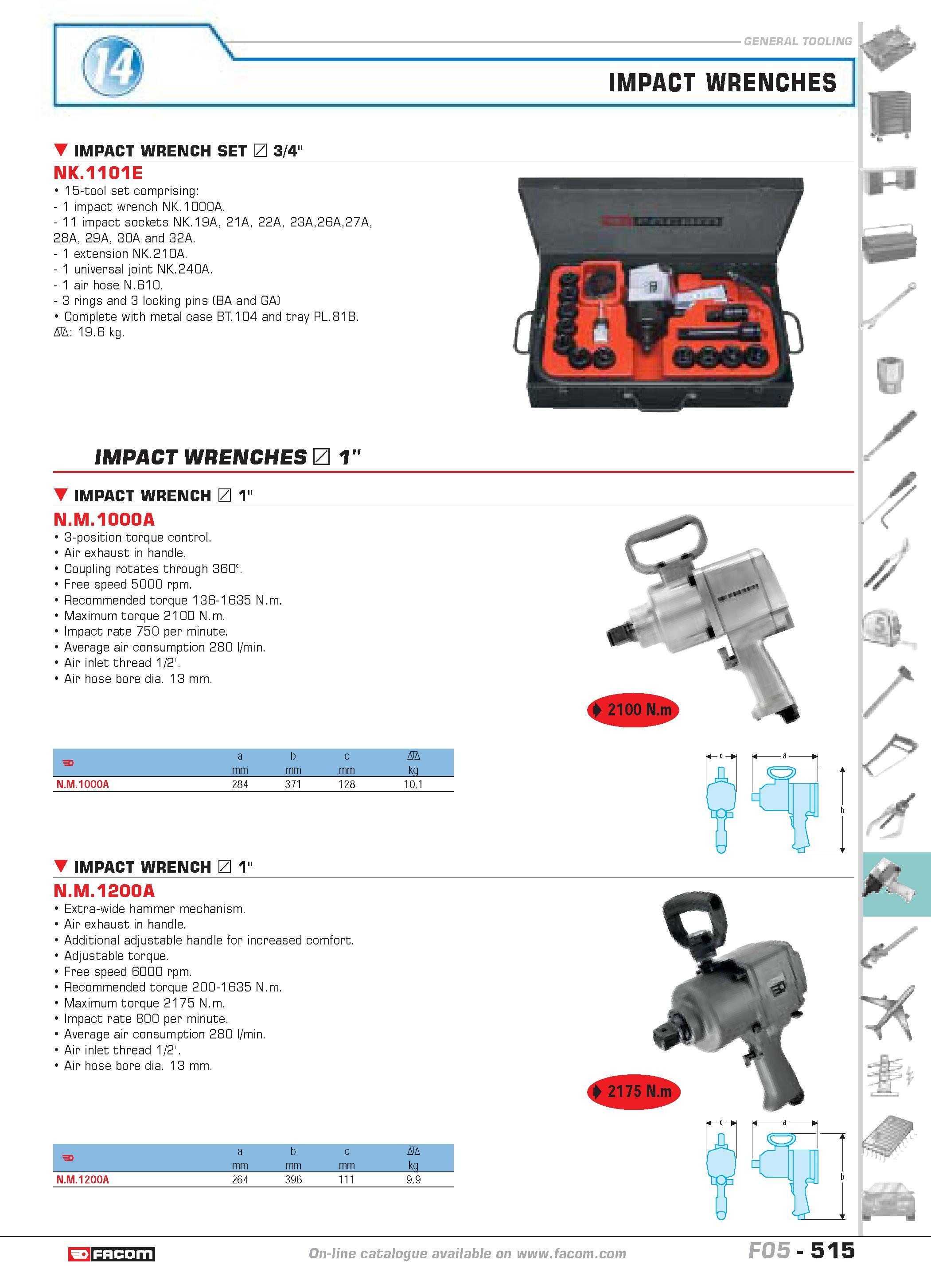 512 IMPACT WRENCHES IMPACT WRENCH SET 3/4 NK 1101E 15-tool set comprising 1 impact wrench NK 1000A 11 impact sockets NK 19A 21A 22A 23A26A27A 28A 29A Каталог FACOM 2005 Профессиональный ручной инструмент и специальное оборудование для предприятий и мастерских Стр. 515 ENG