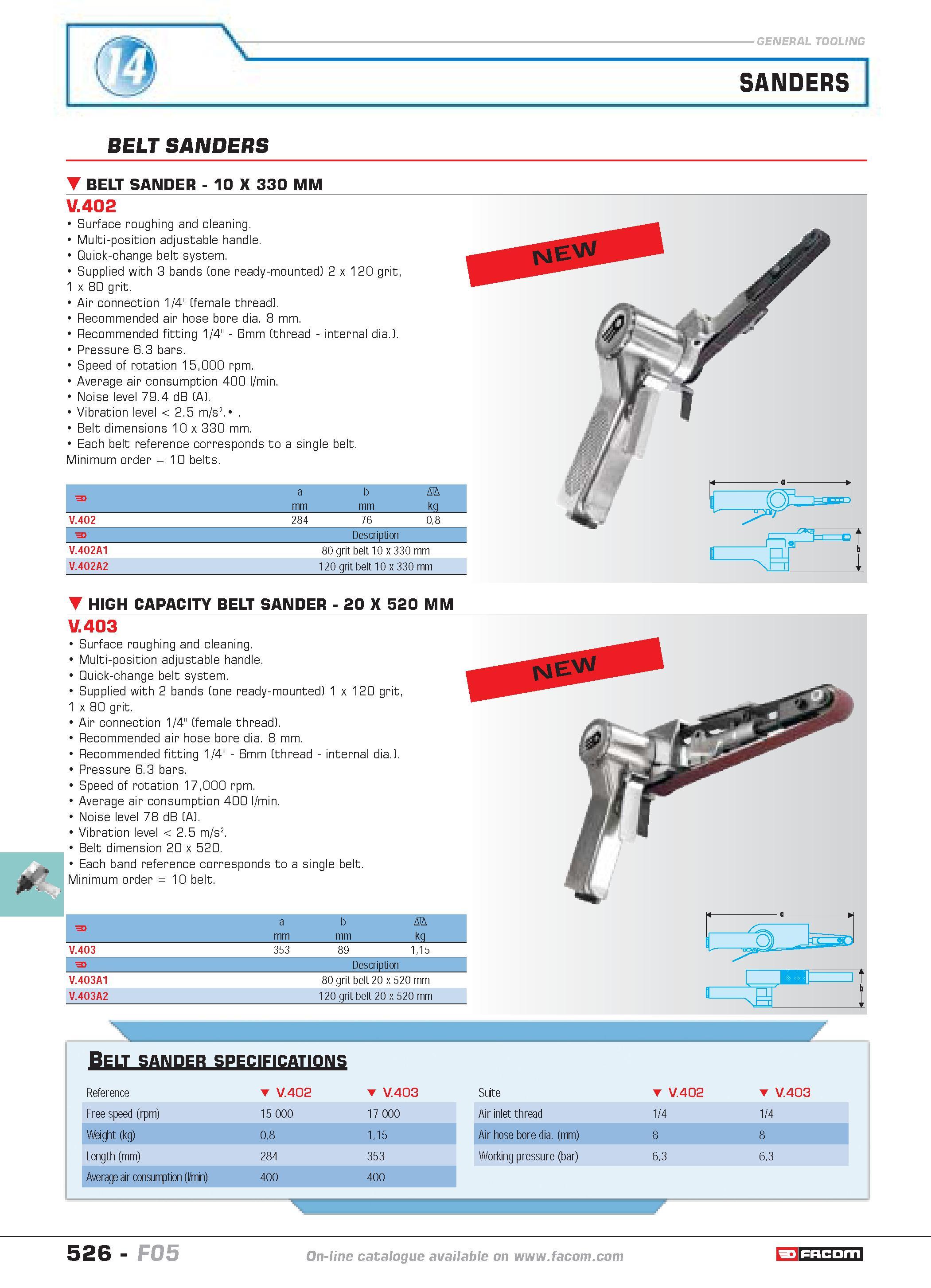 523 SANDERS BELT SANDERS BELT SANDER 10 X 330 MM V 402 Surface roughing and cleaning Multi-position adjustable handle Quick-change belt system Suppli Каталог FACOM 2005 Профессиональный ручной инструмент и специальное оборудование для предприятий и мастерских Стр. 526 ENG