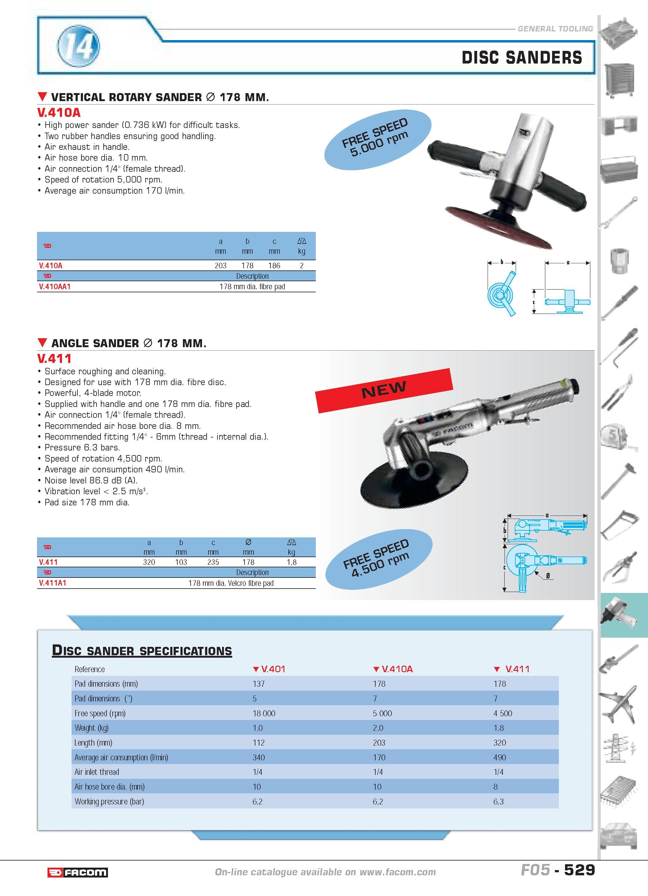 526 V 410A High power sander (0 736 kW) for difficult tasks Two rubber handles ensuring good handling Air exhaust in handle Air hose bore dia 10 mm A Каталог FACOM 2005 Профессиональный ручной инструмент и специальное оборудование для предприятий и мастерских Стр. 529 ENG