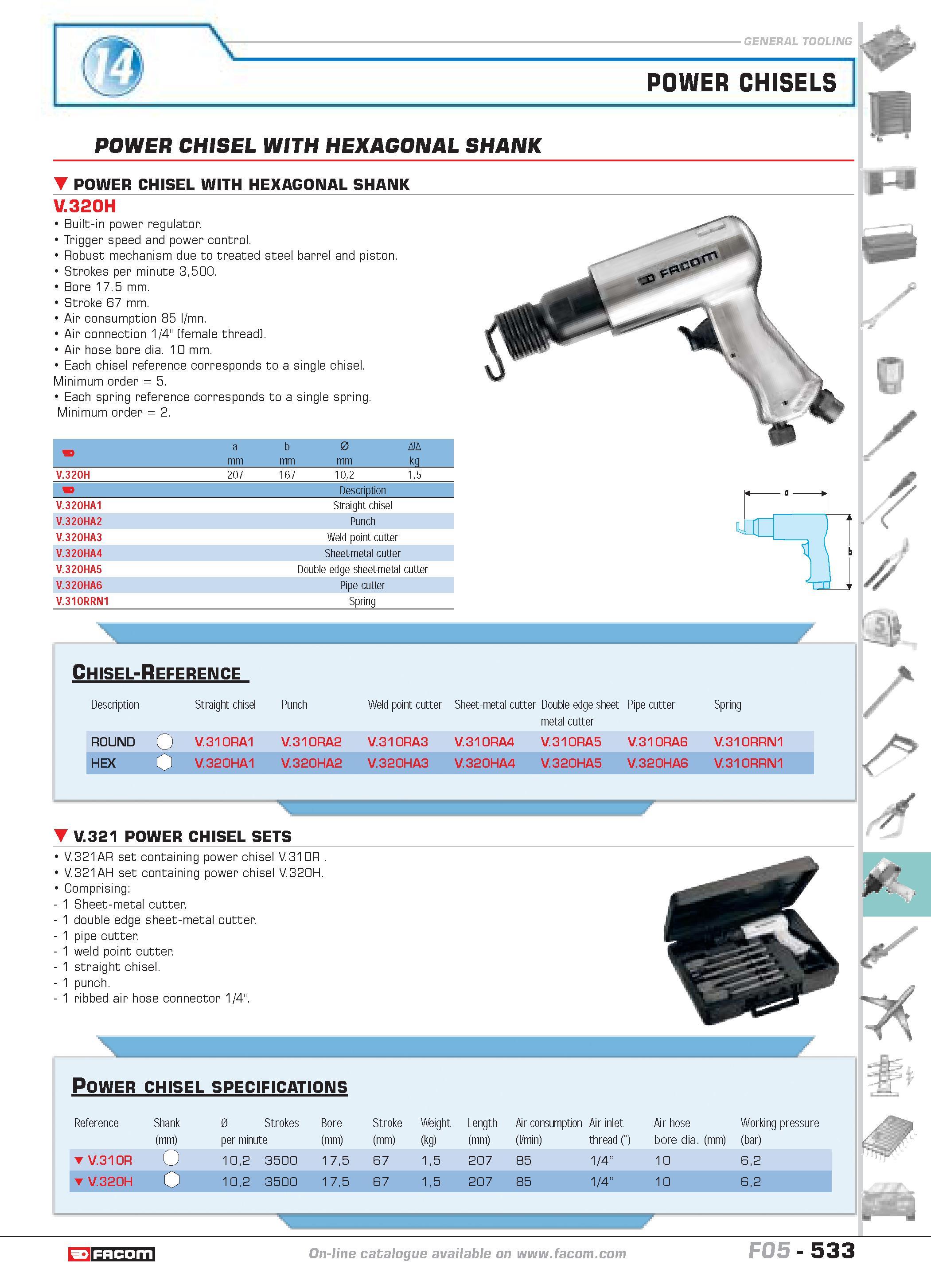 530 POWER CHISELS POWER CHISEL WITH HEXAGONAL SHANK POWER CHISEL WITH HEXAGONAL SHANK V 320H Built-in power regulator Trigger speed and power control Каталог FACOM 2005 Профессиональный ручной инструмент и специальное оборудование для предприятий и мастерских Стр. 533 ENG