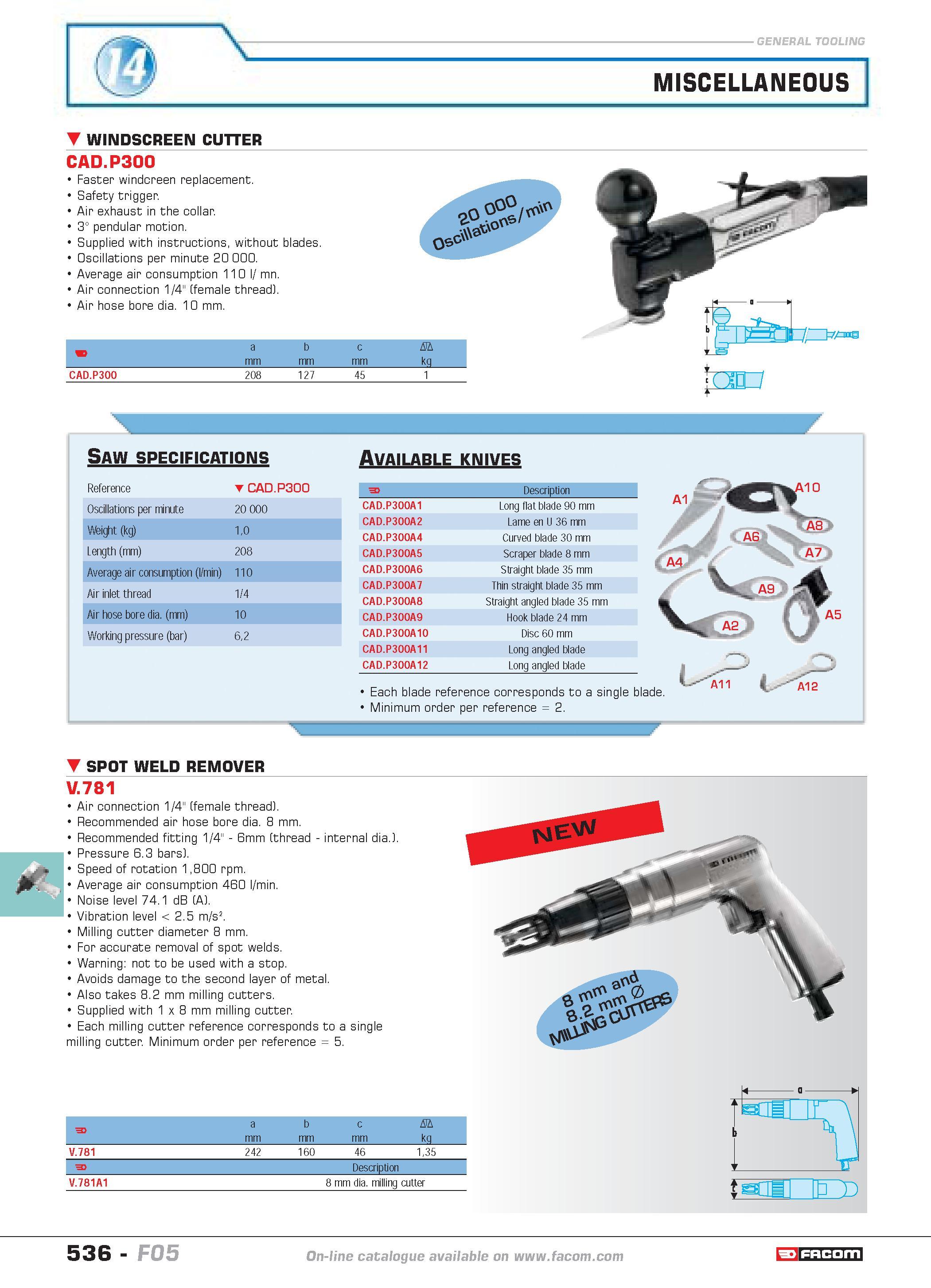 533 MISCELLANEOUS WINDSCREEN CUTTER CAD P300 Faster windcreen replacement Safety trigger Air exhaust in the collar 3 pendular motion Supplied with in Каталог FACOM 2005 Профессиональный ручной инструмент и специальное оборудование для предприятий и мастерских Стр. 536 ENG
