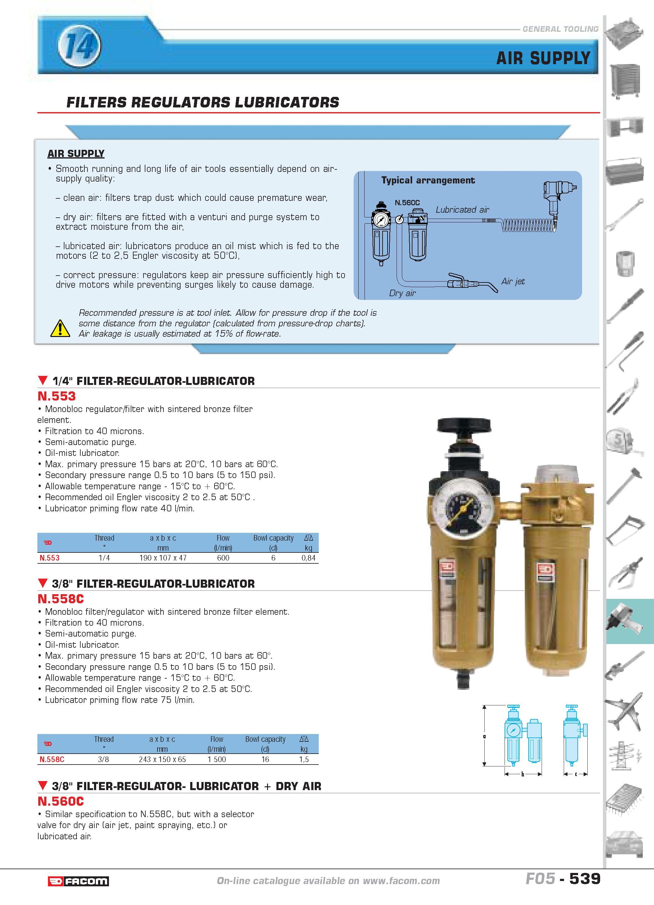 536 AIR SUPPLY LY FILTERS REGULATORS LUBRICATORS AIR SUPPLY Smooth running and long life of air tools essentially depend on air-supply quality clean Каталог FACOM 2005 Профессиональный ручной инструмент и специальное оборудование для предприятий и мастерских Стр. 539 ENG