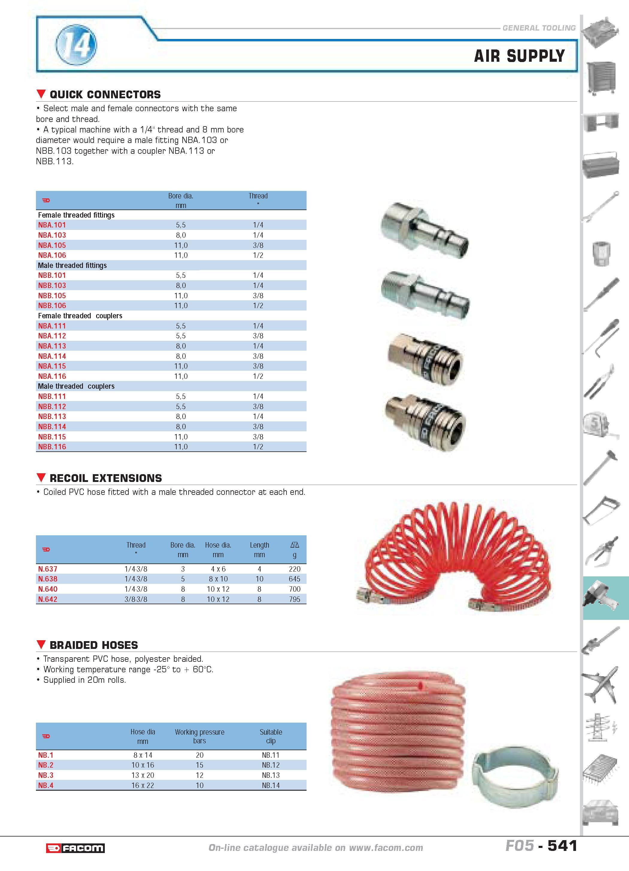 538 AIR SUPPLY QUICK CONNECTORS Select male and female connectors with the same bore and thread A typical machine with a 1/4 thread and 8 mm bore dia Каталог FACOM 2005 Профессиональный ручной инструмент и специальное оборудование для предприятий и мастерских Стр. 541 ENG