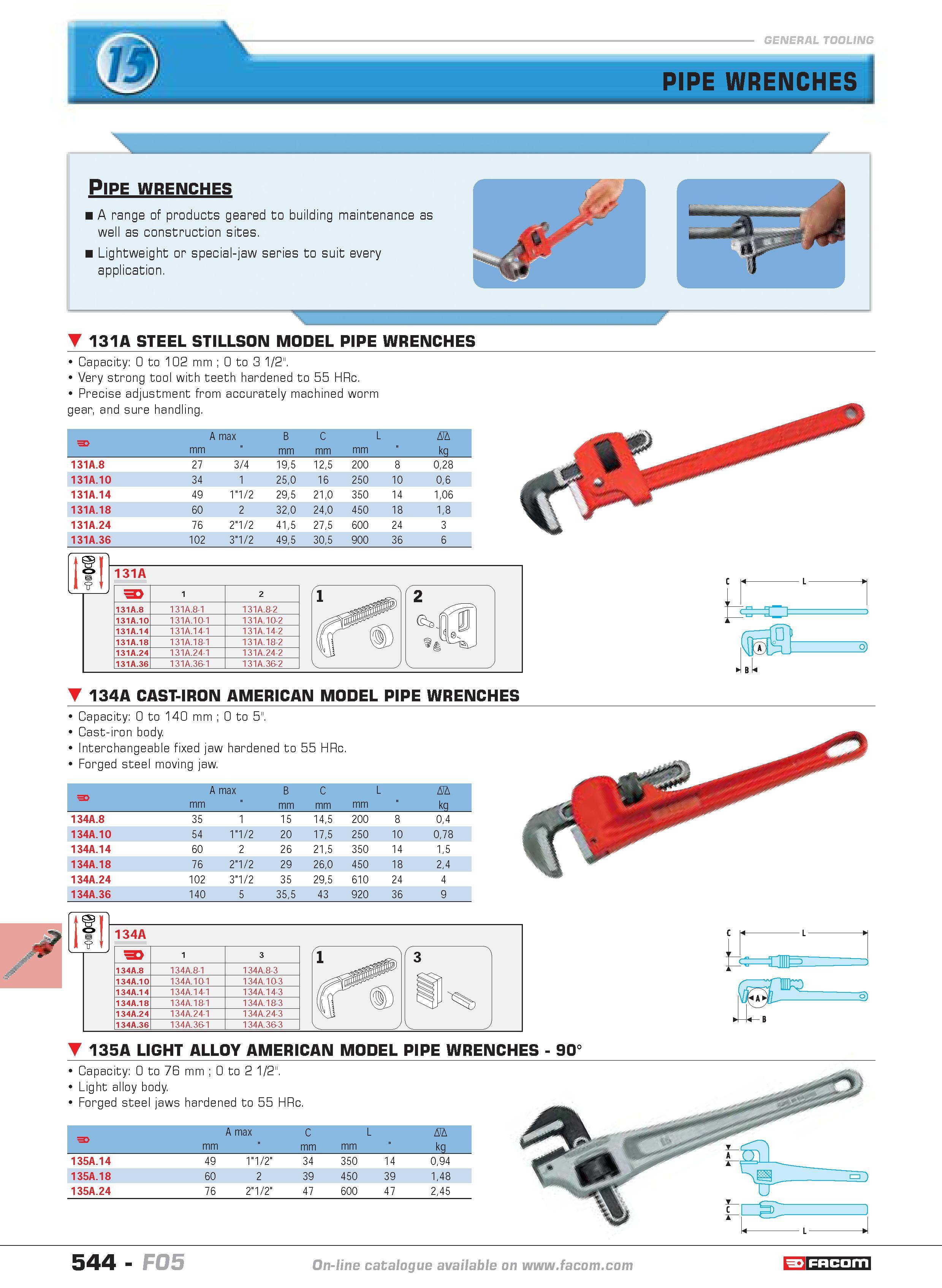 541 PIPE WRENCHES 131A STEEL STILLSON MODEL PIPE WRENCHES Capacity 0 to 102 mm 0 to 3 1 2 Very strong tool with teeth hardened to 55 HRc Precise adju Каталог FACOM 2005 Профессиональный ручной инструмент и специальное оборудование для предприятий и мастерских Стр. 544 ENG