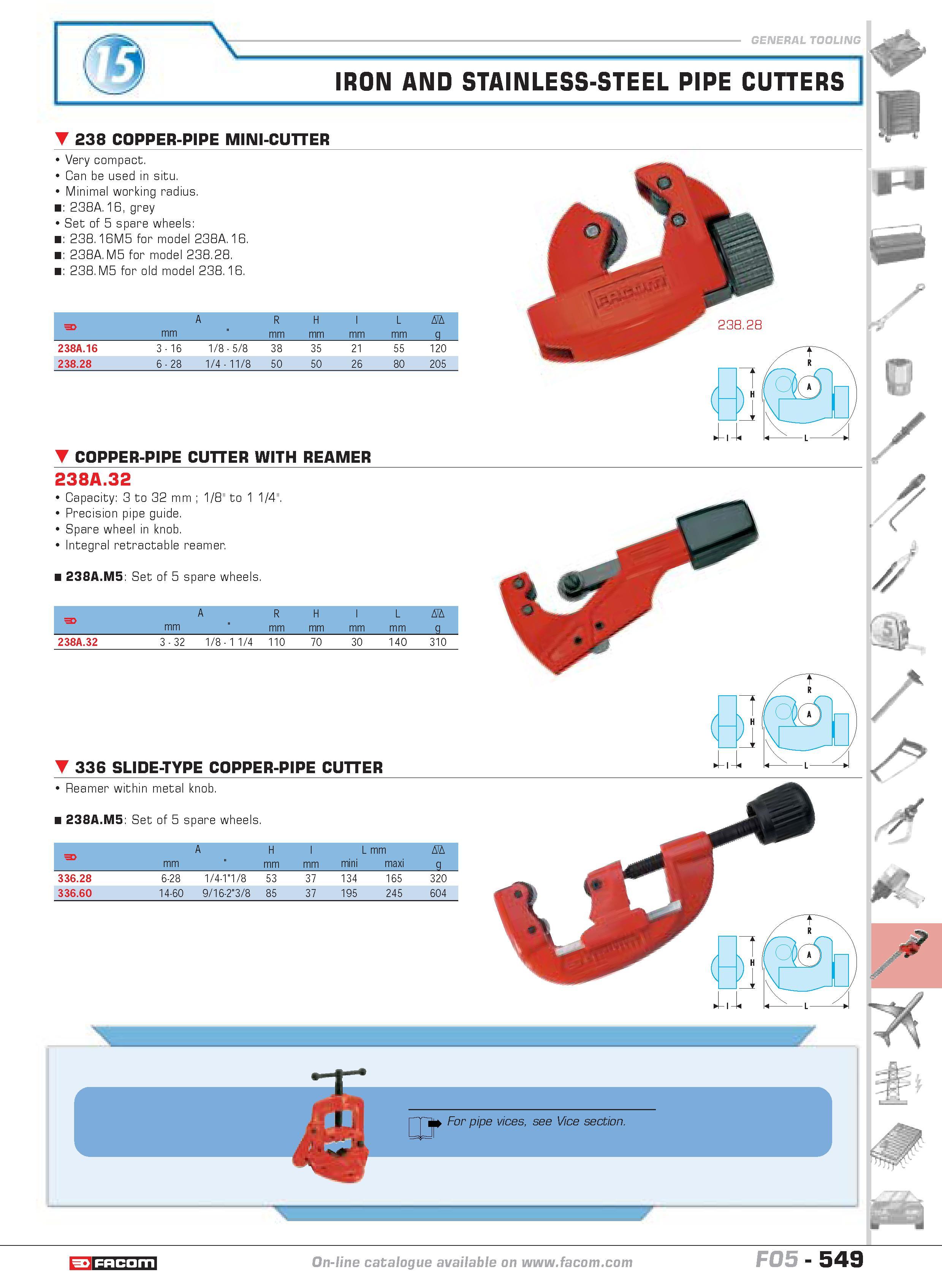 546 IRON AND STAINLESS-STEEL PIPE CUTTERS 238 COPPER-PIPE MINI-CUTTER Very compact Can be used in situ Minimal working radius 238A 16 grey Set of 5 s Каталог FACOM 2005 Профессиональный ручной инструмент и специальное оборудование для предприятий и мастерских Стр. 549 ENG