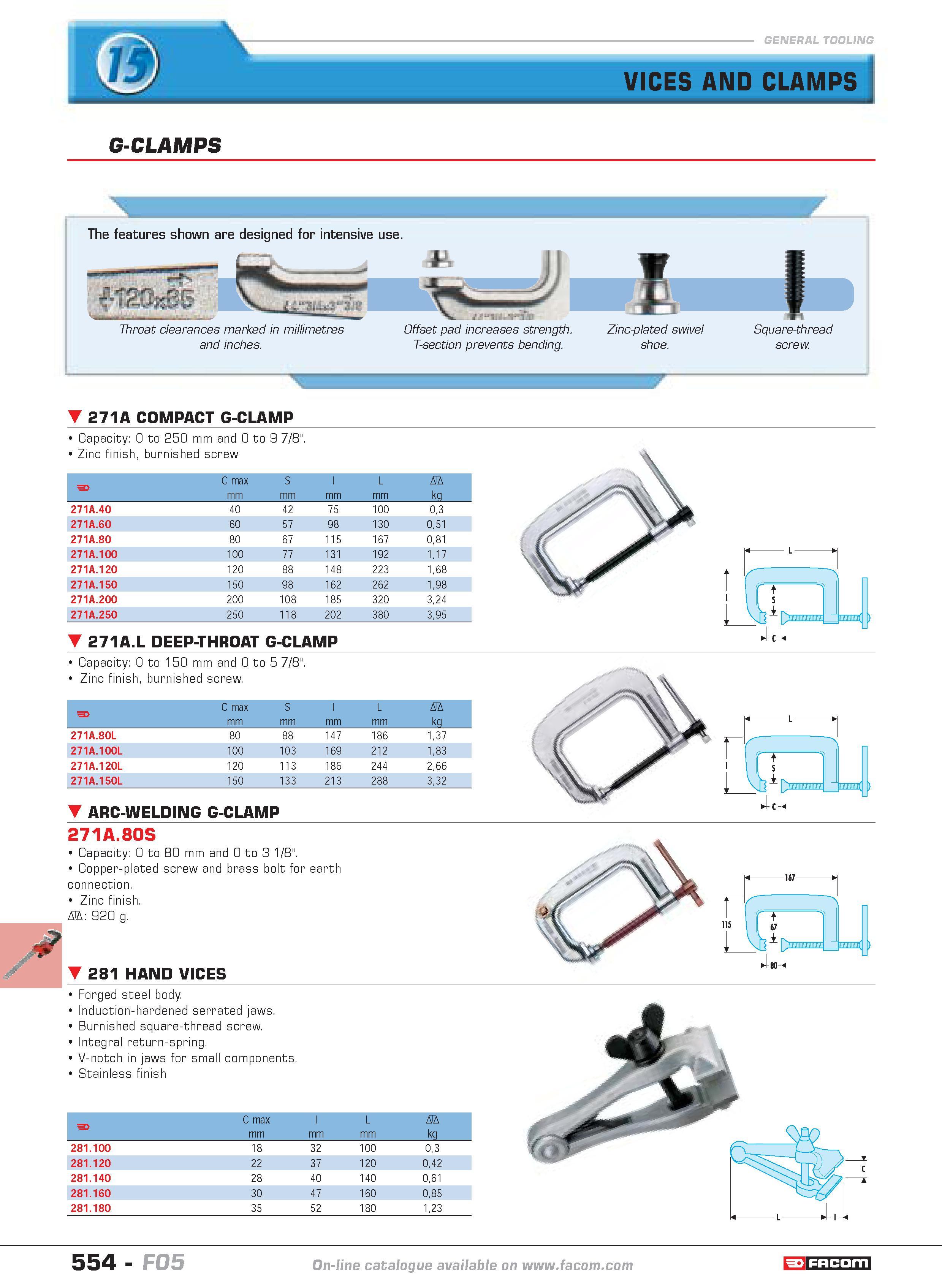 551 G-CLAMPS The features shown are designed for intensive use T20nSS Throat clearances marked in millimetres and inches Wuin T na Offset pad increas Каталог FACOM 2005 Профессиональный ручной инструмент и специальное оборудование для предприятий и мастерских Стр. 554 ENG