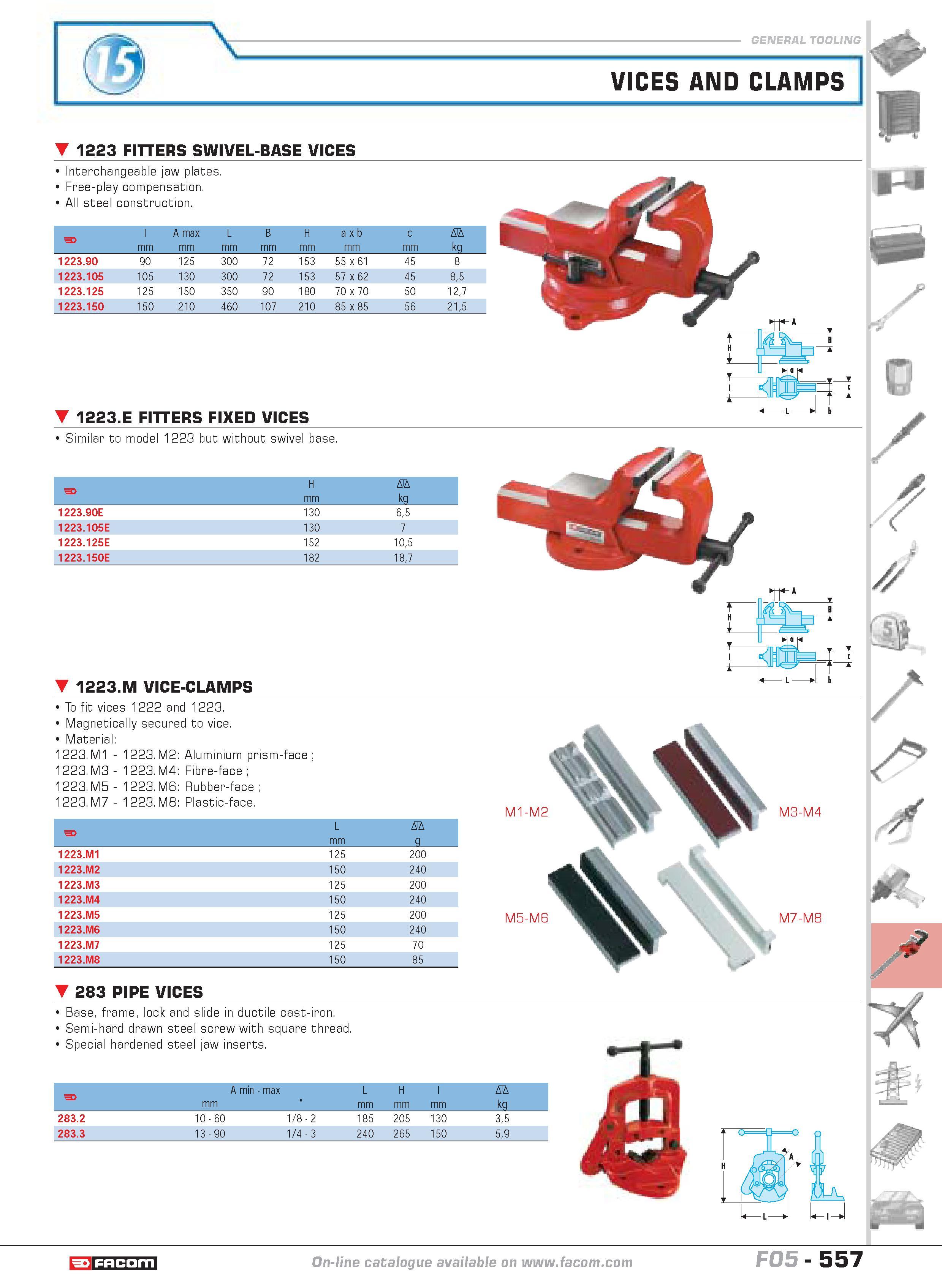554 VICES AND CLAMPS 1223 FITTERS SWIVEL-BASE VICES Interchangeable jaw plates Free-play compensation All steel construction F I mm A max mm L mm B m Каталог FACOM 2005 Профессиональный ручной инструмент и специальное оборудование для предприятий и мастерских Стр. 557 ENG