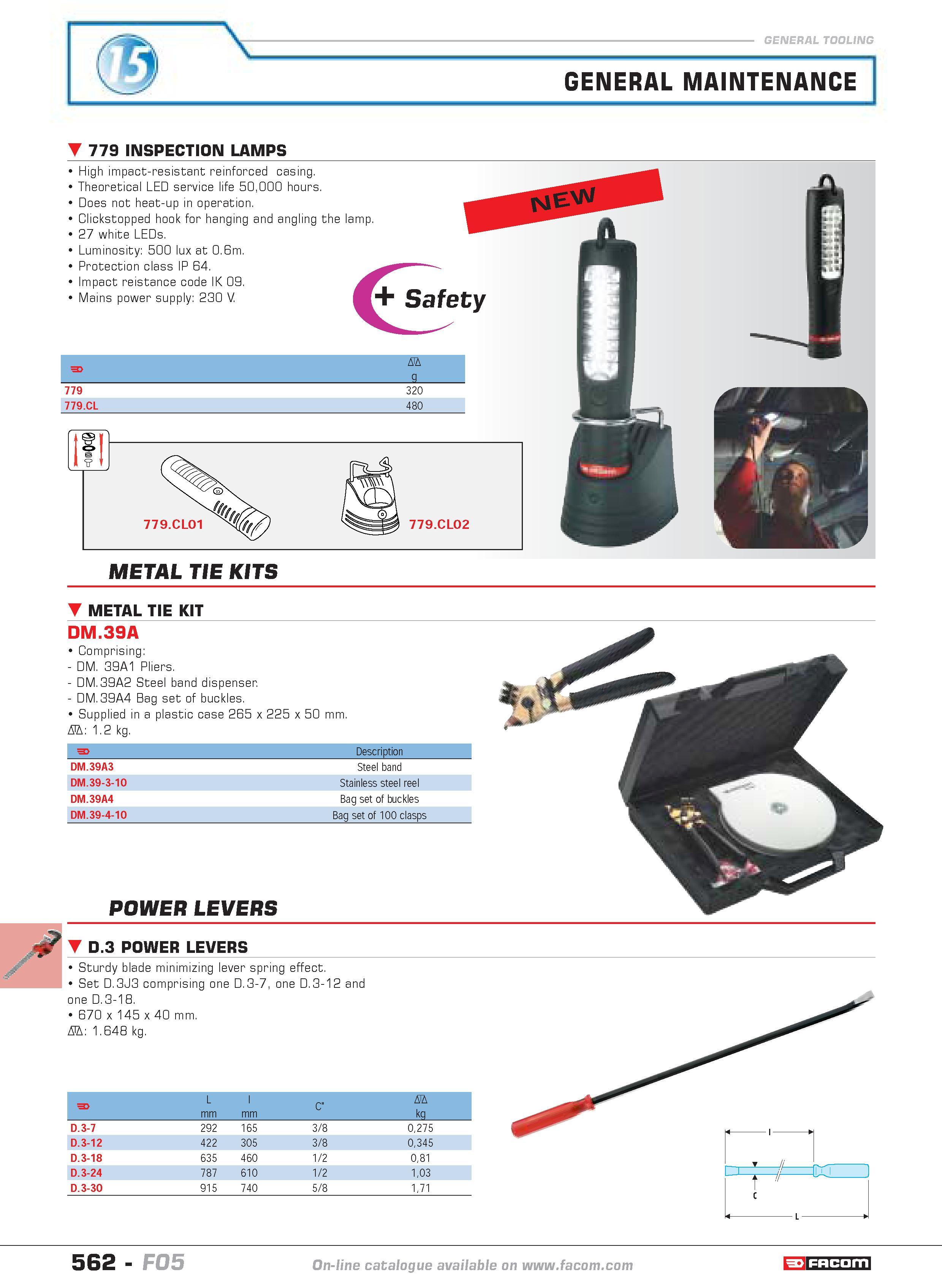 559 GENERAL MAINTENANCE 779 INSPECTION LAMPS High impact-resistant reinforced casing Theoretical LED service life 50000 hours Does not heat-up in ope Каталог FACOM 2005 Профессиональный ручной инструмент и специальное оборудование для предприятий и мастерских Стр. 562 ENG