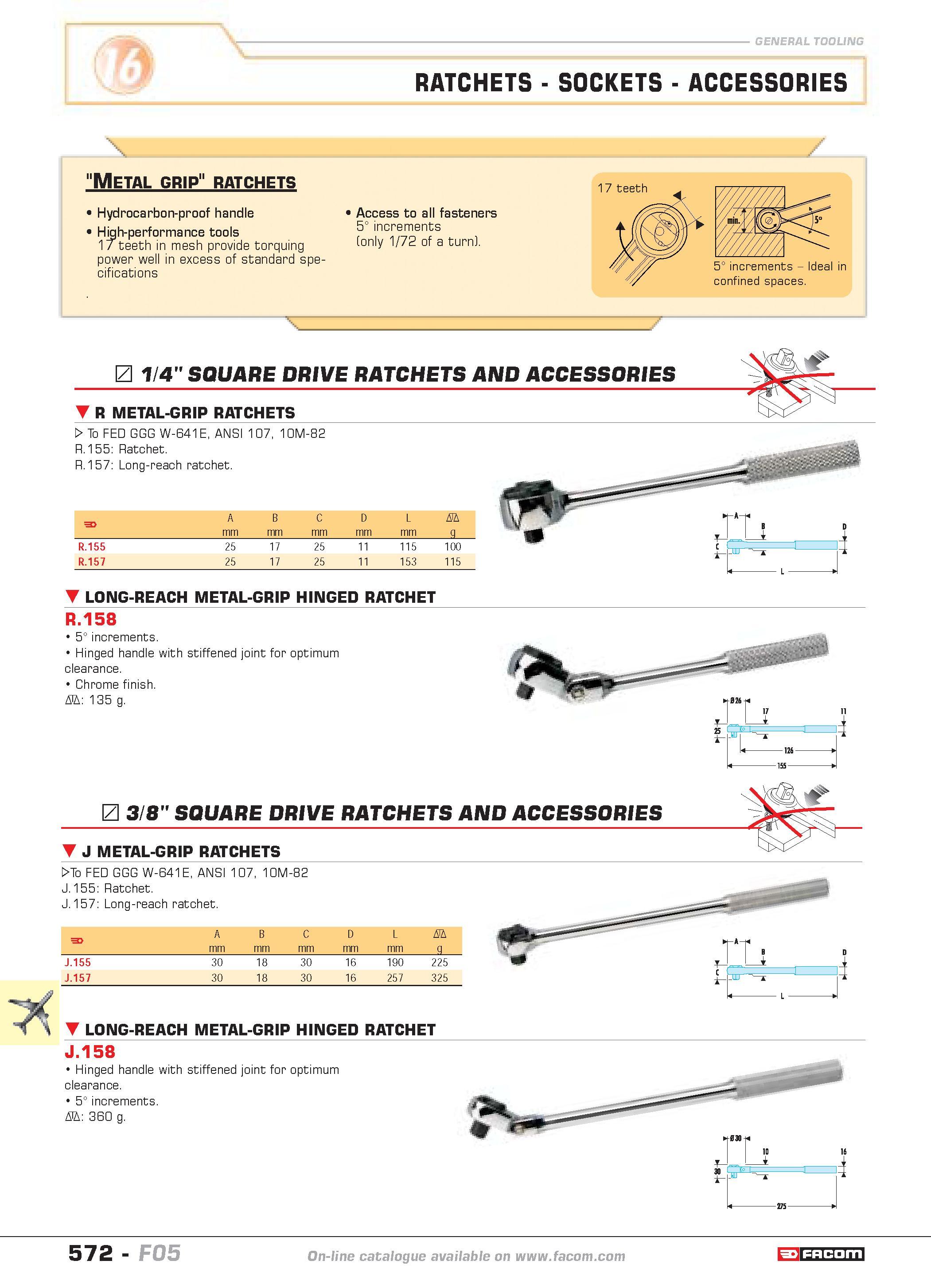 569 RATCHETS SOCKETS ACCESSORIES X Metal grip ratchets Hydrocarbon-proof handle High-performance tools 17 teeth in mesh provide torquing power well i Каталог FACOM 2005 Профессиональный ручной инструмент и специальное оборудование для предприятий и мастерских Стр. 572 ENG