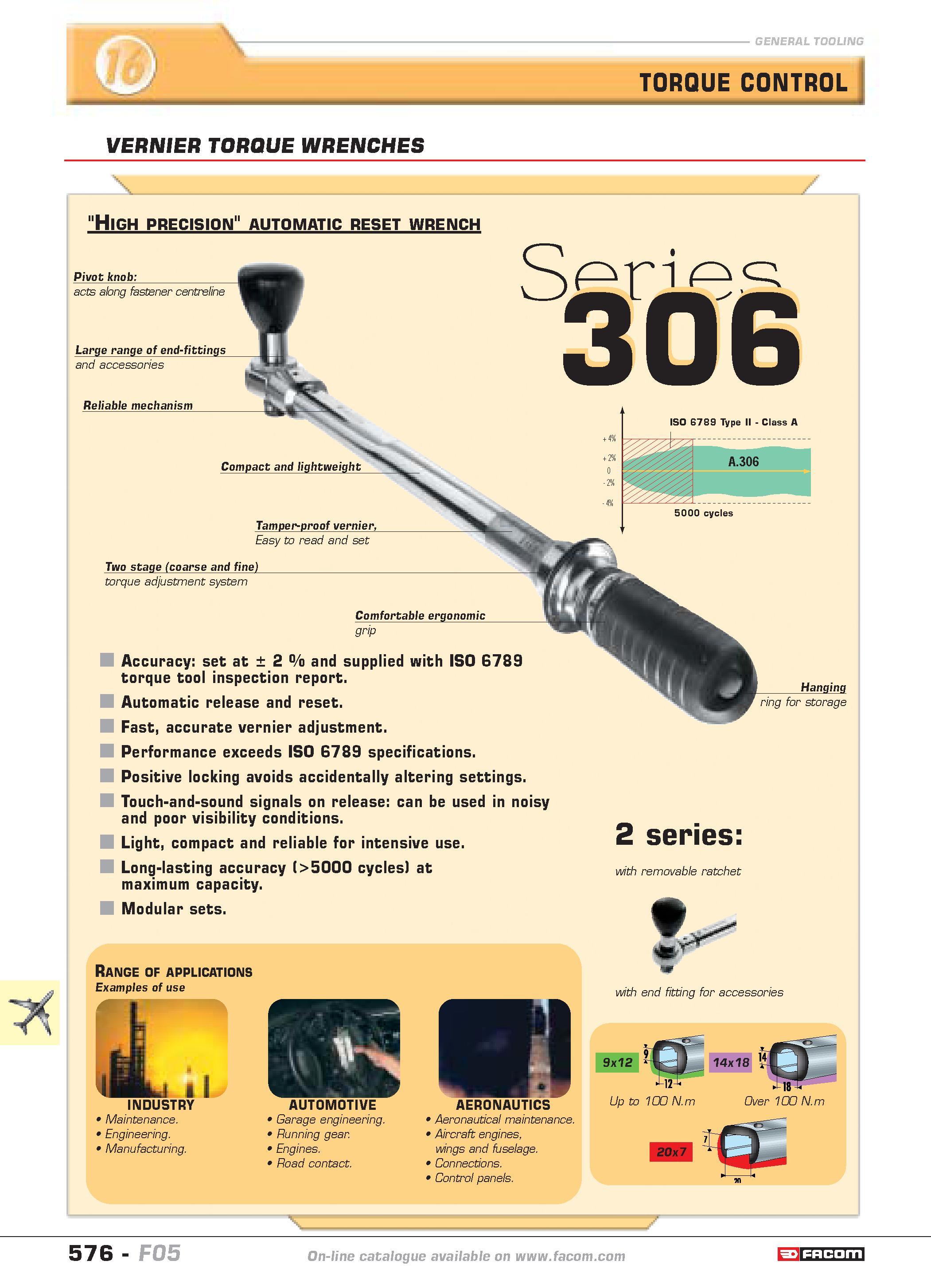 573 High precision automatic reset wrench Pivot knob acts along fastener centreline Large range of end-fittings and accessories Reliable mechanism Ta Каталог FACOM 2005 Профессиональный ручной инструмент и специальное оборудование для предприятий и мастерских Стр. 576 ENG