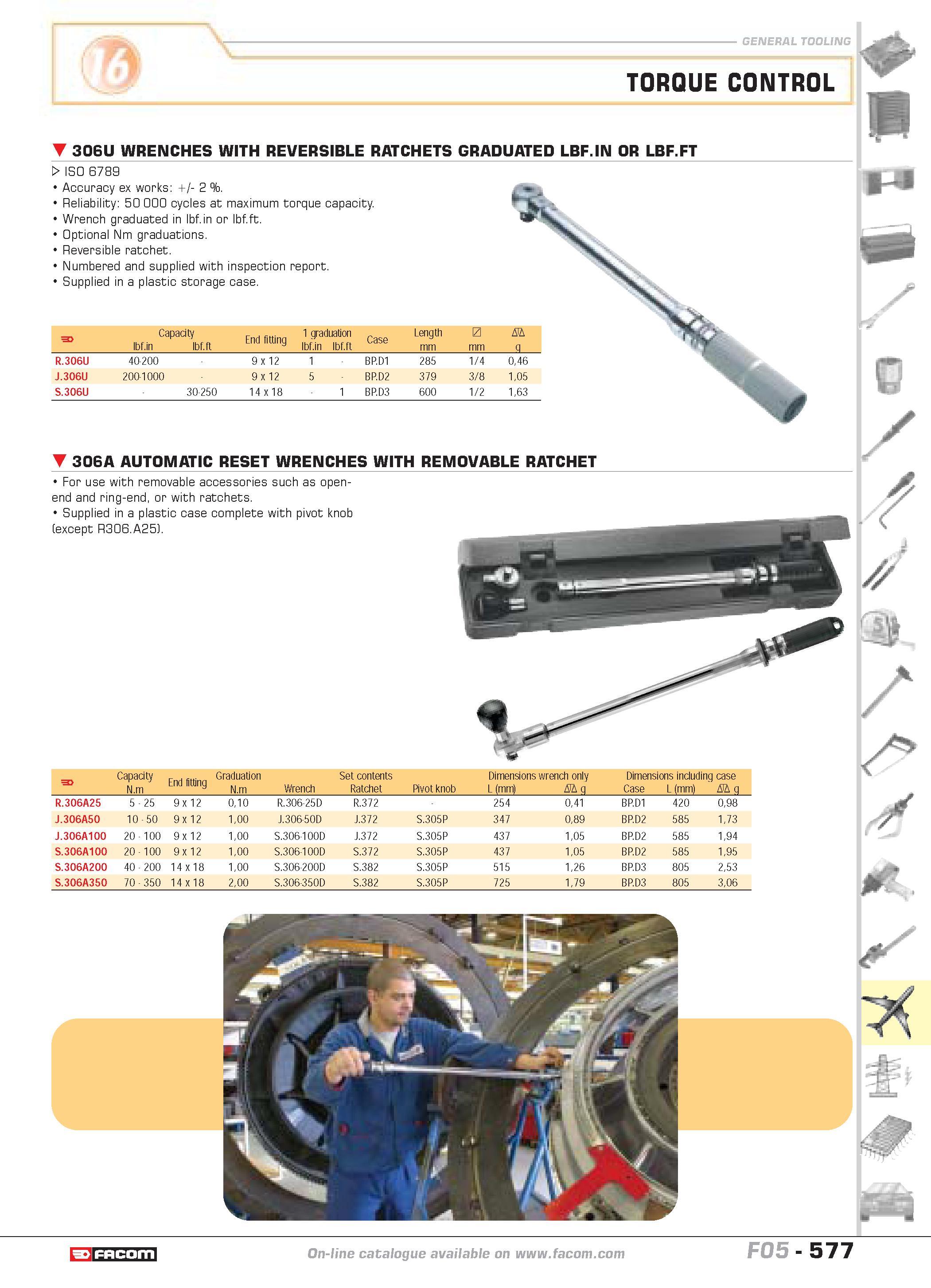 574 TORQUE CONTROL 306U WRENCHES WITH REVERSIBLE RATCHETS GRADUATED LBF IN OR LBF FT W ISO 6789 Accuracy ex works 2 % Reliability 50 000 cycles at ma Каталог FACOM 2005 Профессиональный ручной инструмент и специальное оборудование для предприятий и мастерских Стр. 577 ENG
