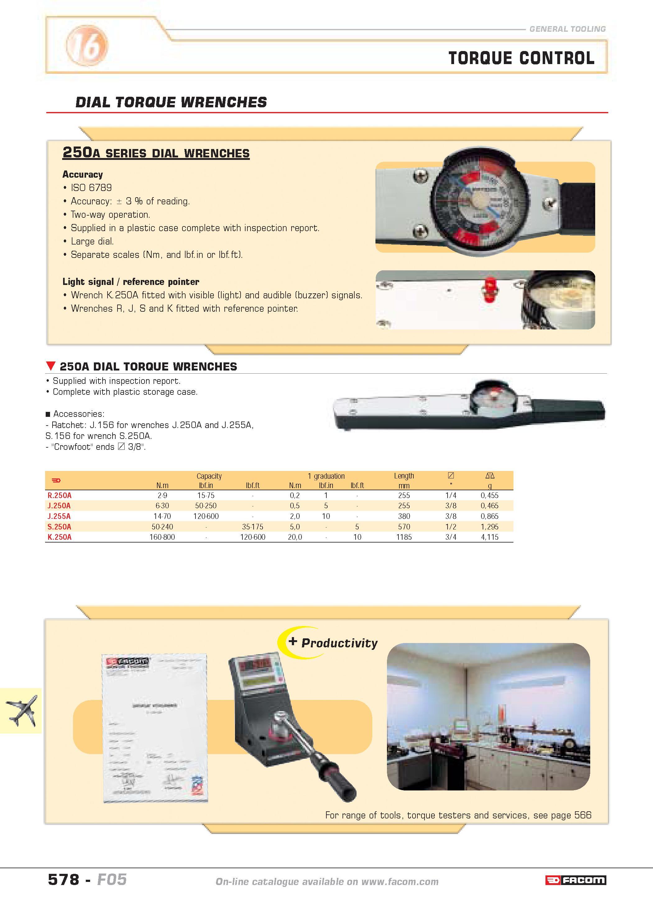 575 TORQUE CONTROL DIAL TORQUE WRENCHES 250a series dial wrenches Accuracy ISO 6789 Accuracy 3 of reading Two-way operation Supplied in a plastic cas Каталог FACOM 2005 Профессиональный ручной инструмент и специальное оборудование для предприятий и мастерских Стр. 578 ENG