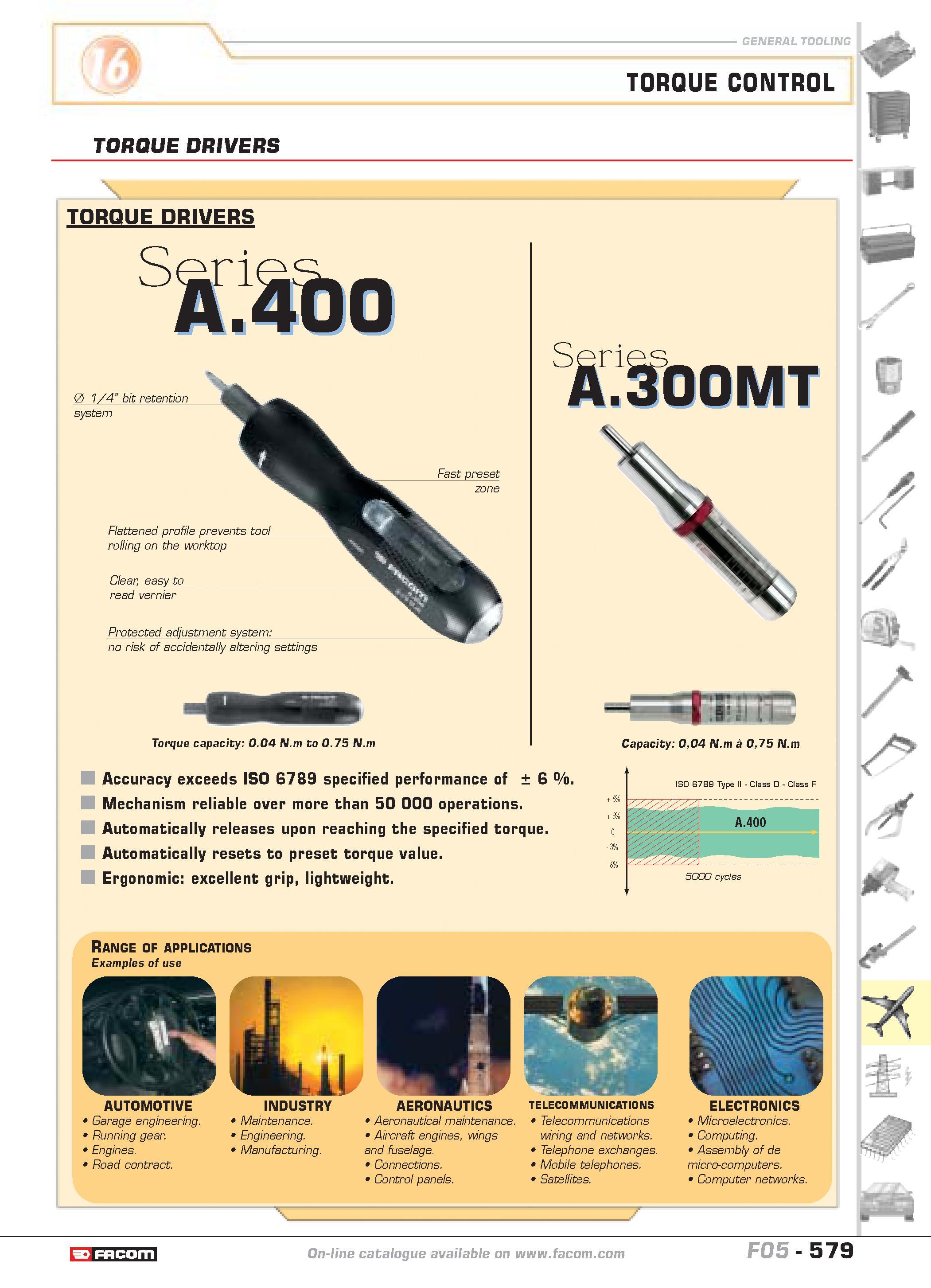 576 TORQUE CONTROL TORQUE DRIVERS TORQUE DRIVERS Seri A 400 0 1 4 bit retention system Fast preset zone Flattened profile prevents tool rolling on th Каталог FACOM 2005 Профессиональный ручной инструмент и специальное оборудование для предприятий и мастерских Стр. 579 ENG