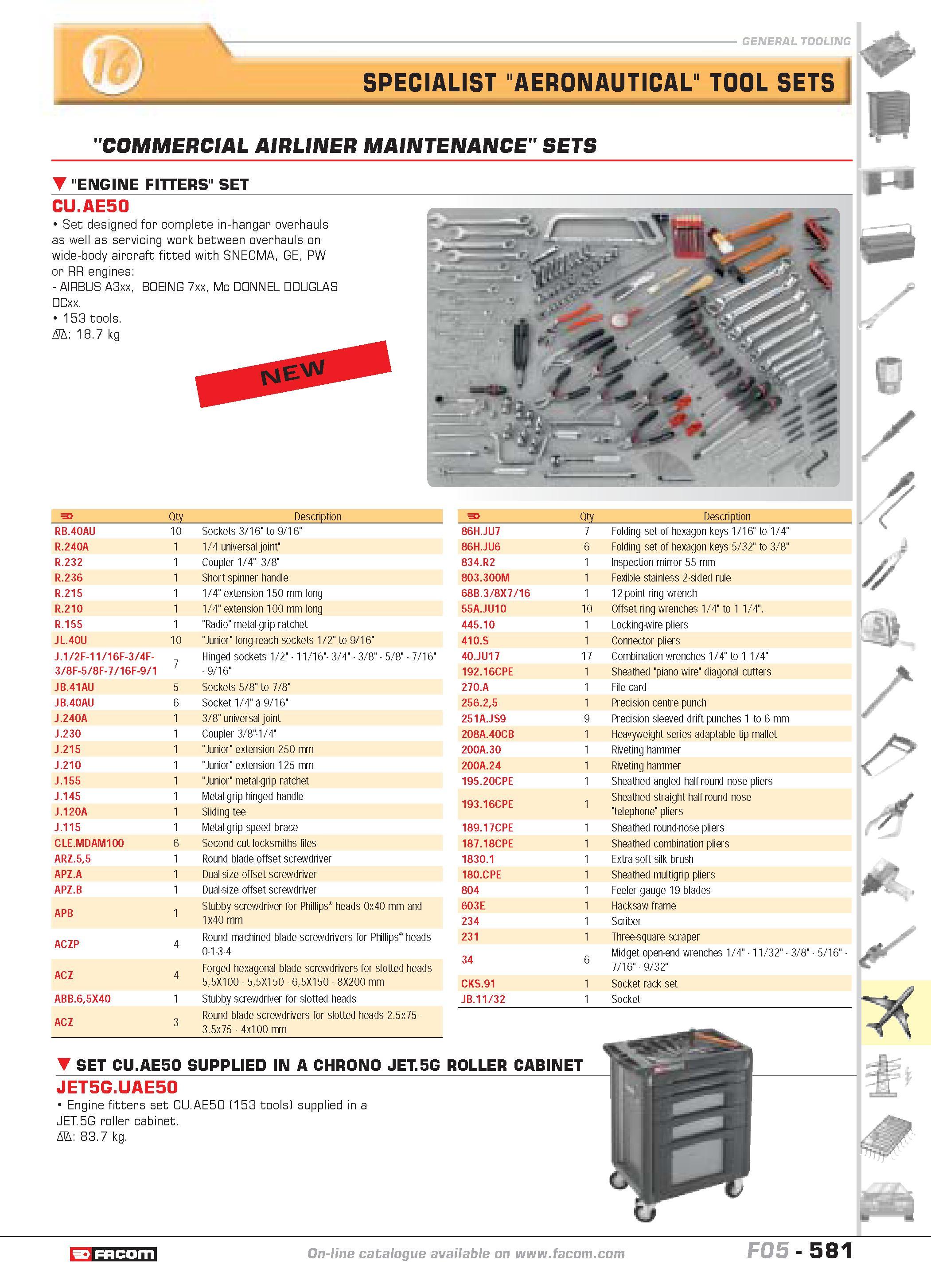 578 SPECIALIST AERONAUTICAL TOOL SETS COMMERCIAL AIRLINER MAINTENANCE SETS ENGINE FITTERS SET CU AE50 Set designed for complete in-hangar overhauls a Каталог FACOM 2005 Профессиональный ручной инструмент и специальное оборудование для предприятий и мастерских Стр. 581 ENG