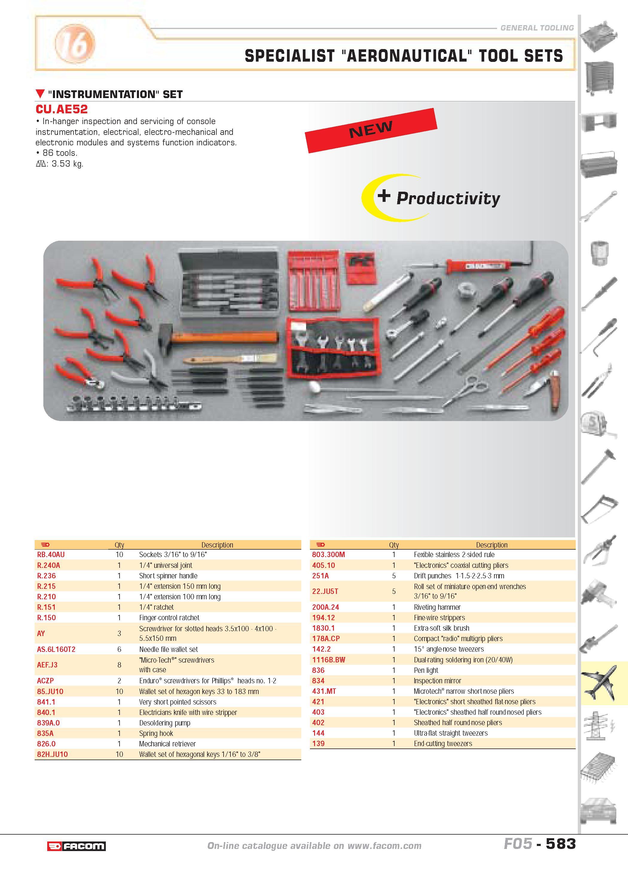 580 SPECIALIST AERONAUTICAL TOOL SETS INSTRUMENTATION SET CU AE52 In-hanger inspection and servicing of console instrumentation electrical electro-me Каталог FACOM 2005 Профессиональный ручной инструмент и специальное оборудование для предприятий и мастерских Стр. 583 ENG