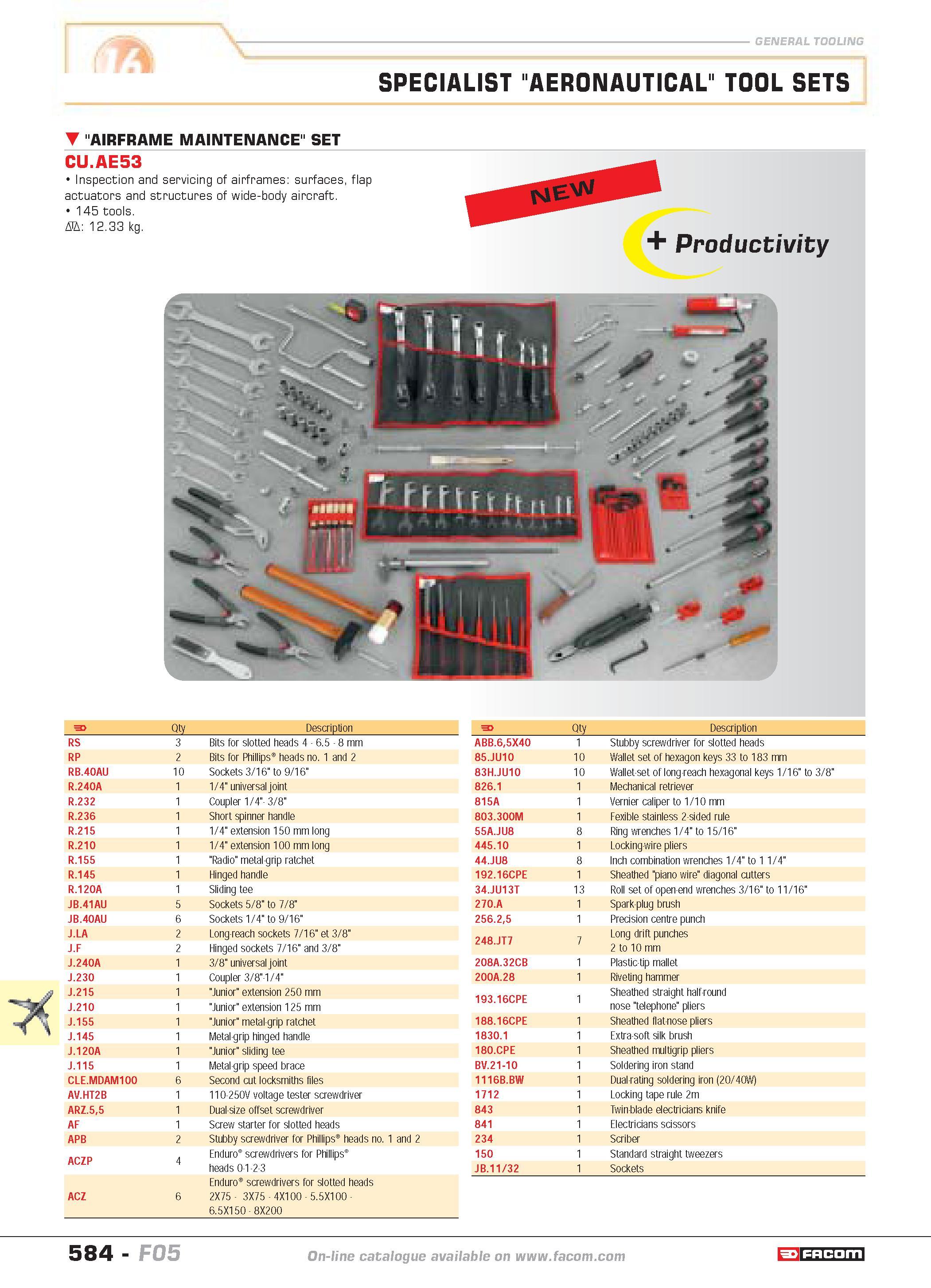 581 SPECIALIST AERONAUTICAL TOOL SETS AIRFRAME MAINTENANCE SET CU AE53 Inspection and servicing of airframes surfaces flap actuators and structures o Каталог FACOM 2005 Профессиональный ручной инструмент и специальное оборудование для предприятий и мастерских Стр. 584 ENG