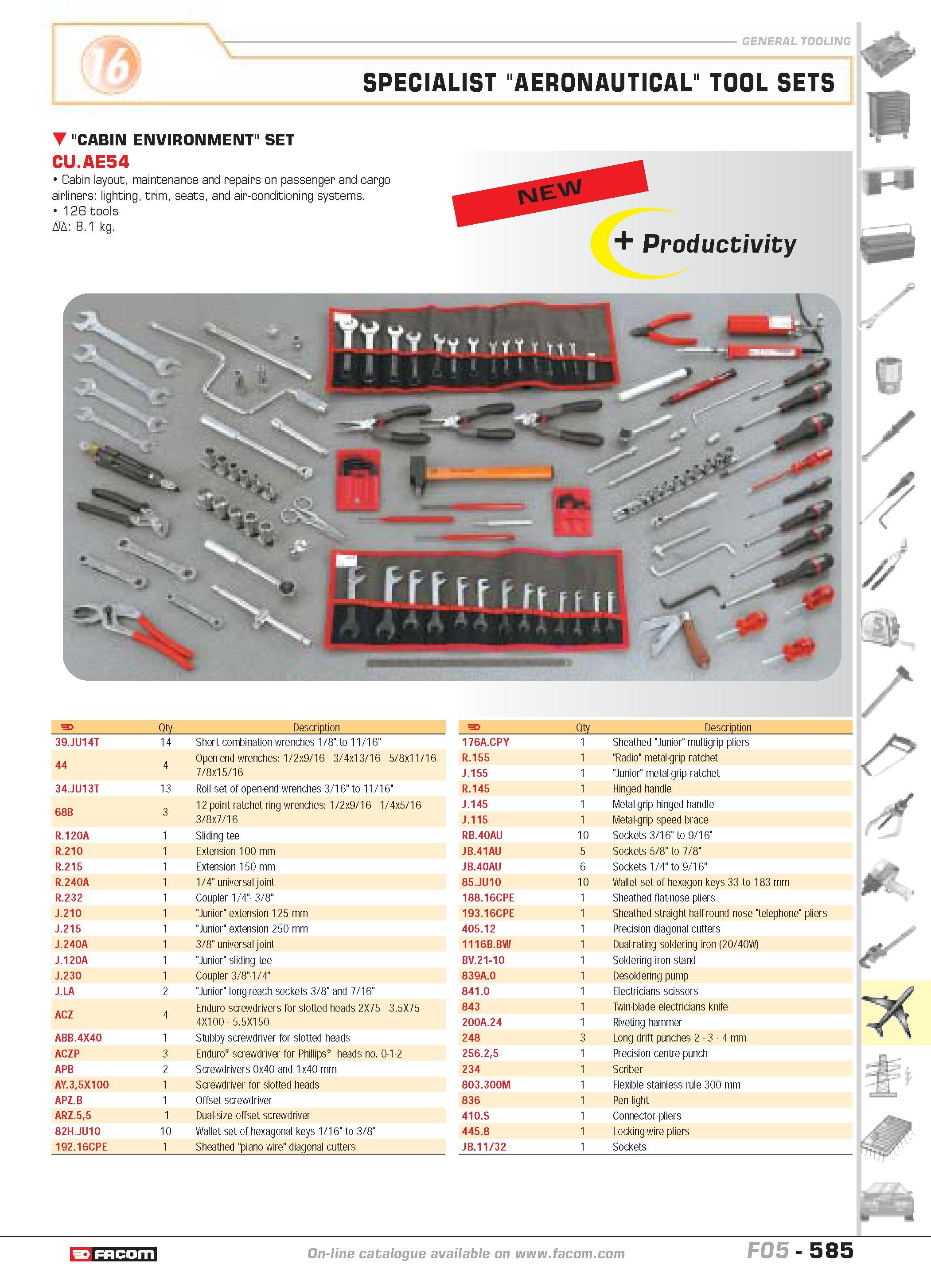 582 SPECIALIST AERONAUTICAL TOOL SETS P M CABIN ENVIRONMENT SET CU AE54 Cabin layout maintenance and repairs on passenger and cargo airliners lightin Каталог FACOM 2005 Профессиональный ручной инструмент и специальное оборудование для предприятий и мастерских Стр. 585 ENG