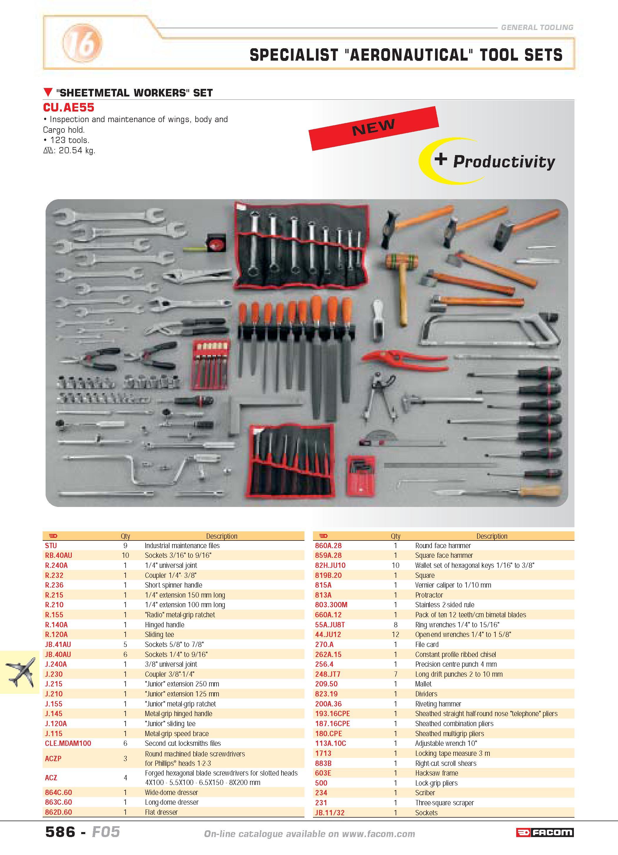 583 SPECIALIST AERONAUTICAL TOOL SETS SHEETMETAL WORKERS SET CU AE55 Inspection and maintenance of wings body and Cargo hold 123 tools D 20 54 kg Pro Каталог FACOM 2005 Профессиональный ручной инструмент и специальное оборудование для предприятий и мастерских Стр. 586 ENG