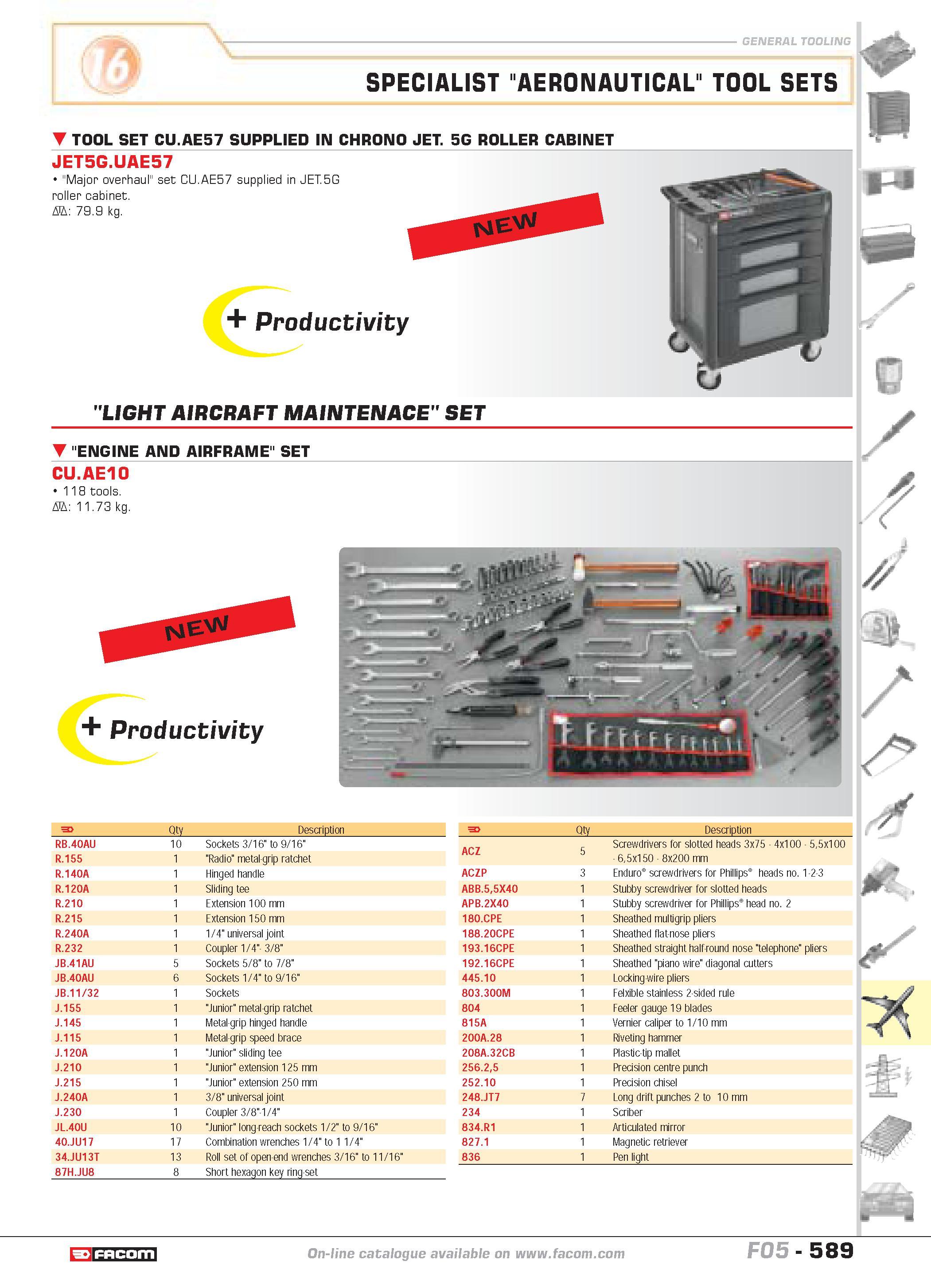586 SPECIALIST AERONAUTICAL TOOL SETS TOOL SET CU AE57 SUPPLIED IN CHRONO JET 5G ROLLER CABINET JET5G UAE57 Major overhaul set CU AE57 supplied in JE Каталог FACOM 2005 Профессиональный ручной инструмент и специальное оборудование для предприятий и мастерских Стр. 589 ENG