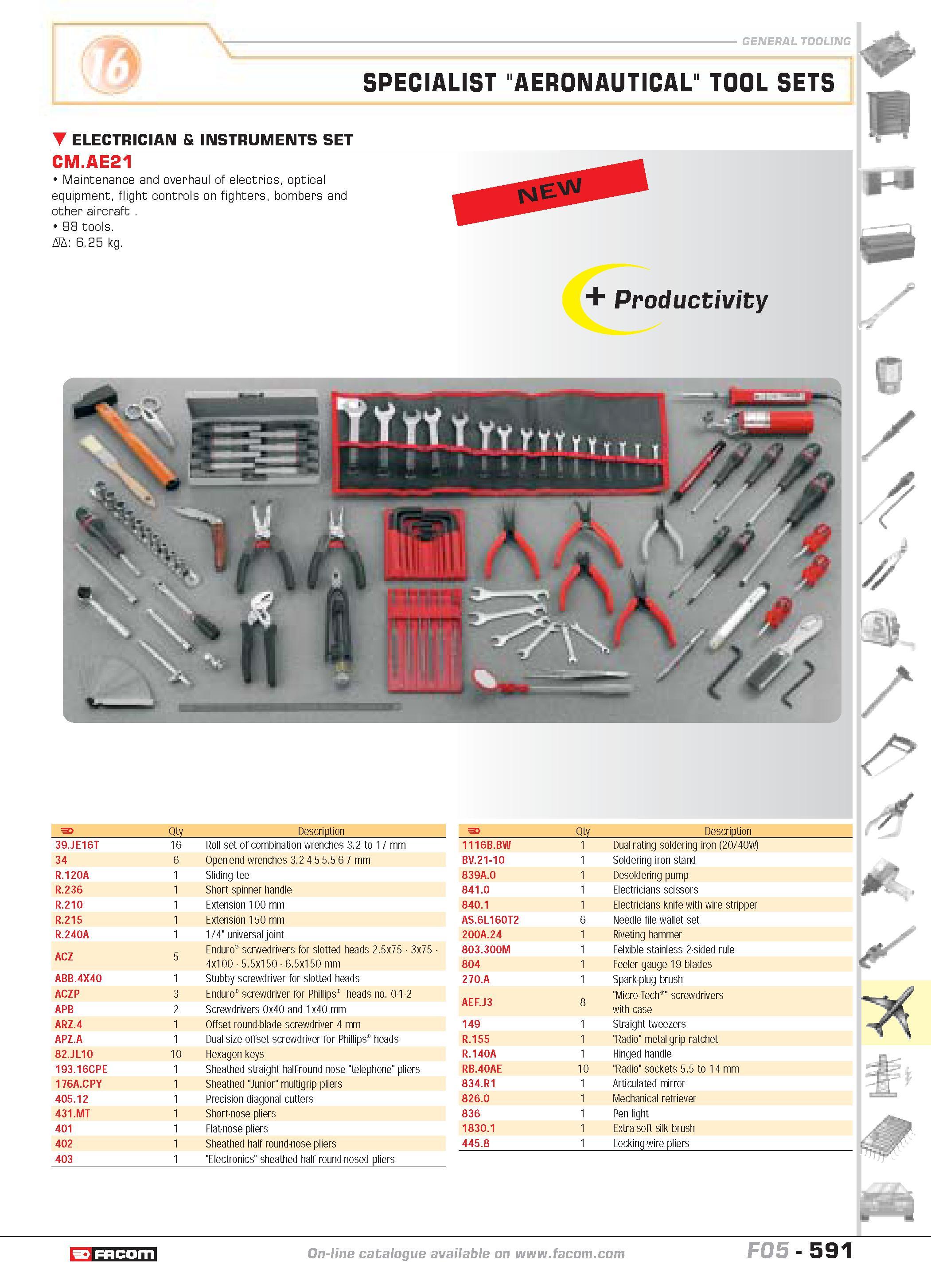 588 SPECIALIST AERONAUTICAL TOOL SETS ELECTRICIAN & INSTRUMENTS SET CM AE21 Maintenance and overhaul of electrics optical equipment flight controls o Каталог FACOM 2005 Профессиональный ручной инструмент и специальное оборудование для предприятий и мастерских Стр. 591 ENG