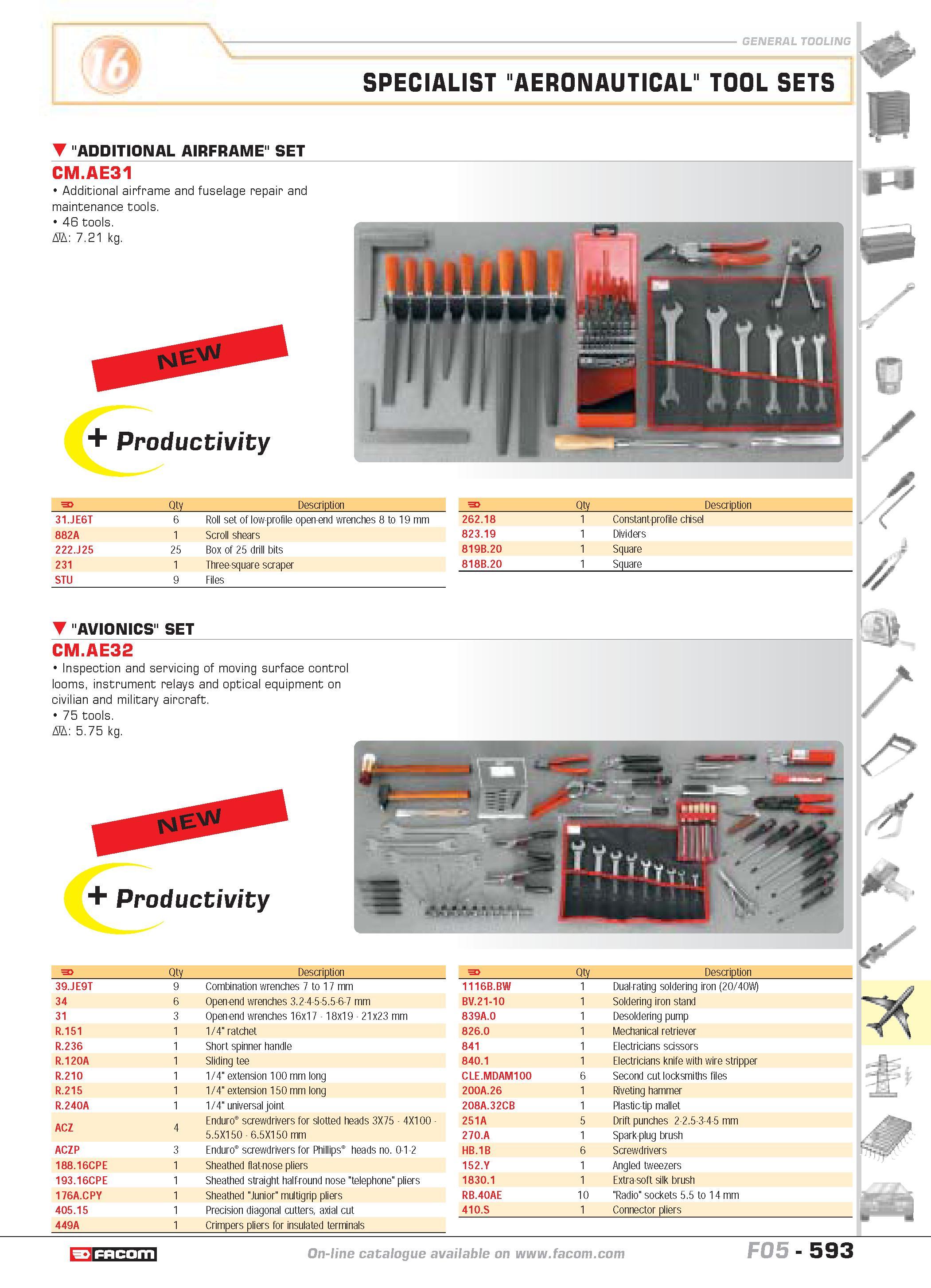 590 SPECIALIST AERONAUTICAL TOOL SETS ADDITIONAL AIRFRAME SET CM AE31 Additional airframe and fuselage repair and maintenance tools 46 tools D 7 21 k Каталог FACOM 2005 Профессиональный ручной инструмент и специальное оборудование для предприятий и мастерских Стр. 593 ENG