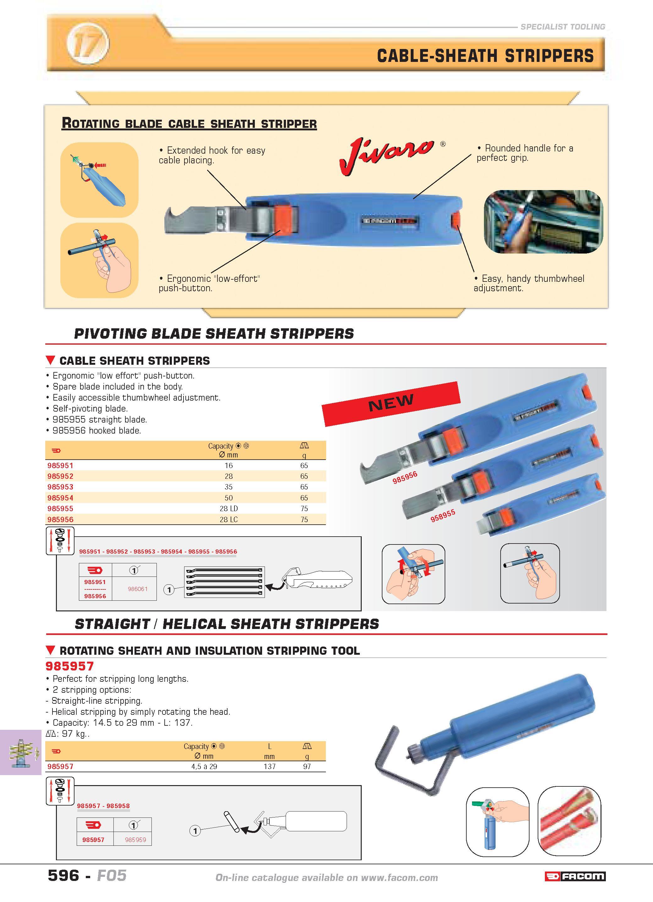 593 SPECIALIST TOOLING CABLE-SHEATH STRIPPERS Rotating blade cable sheath stripper Extended hook for easy cable placing Ergonomic low-effort push-but Каталог FACOM 2005 Профессиональный ручной инструмент и специальное оборудование для предприятий и мастерских Стр. 596 ENG