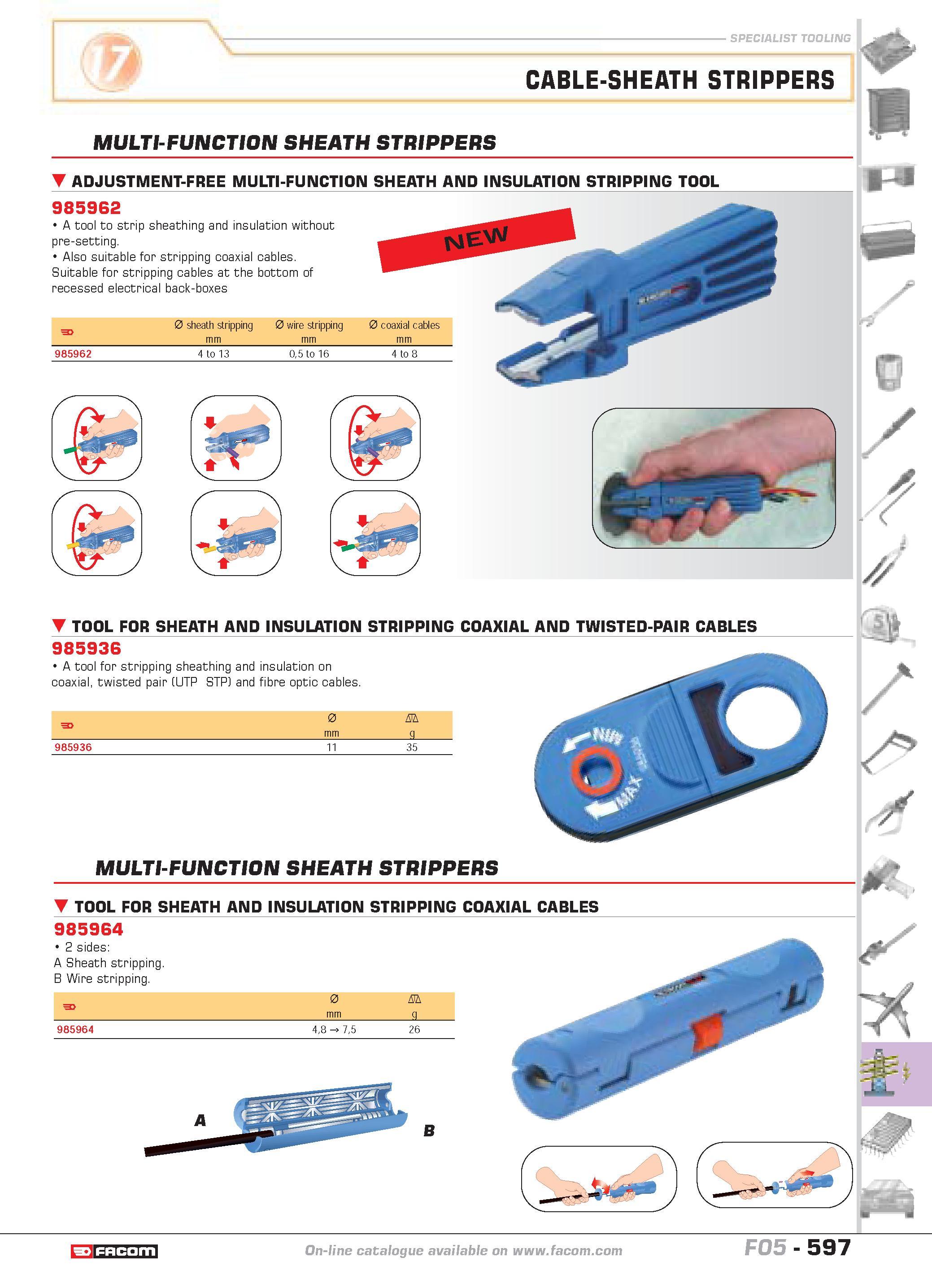594 SPECIALIST TOOLING CABLE-SHEATH STRIPPERS MULTI-FUNCTION SHEATH STRIPPERS ADJUSTMENT-FREE MULTI-FUNCTION SHEATH AND INSULATION STRIPPING TOOL 985 Каталог FACOM 2005 Профессиональный ручной инструмент и специальное оборудование для предприятий и мастерских Стр. 597 ENG