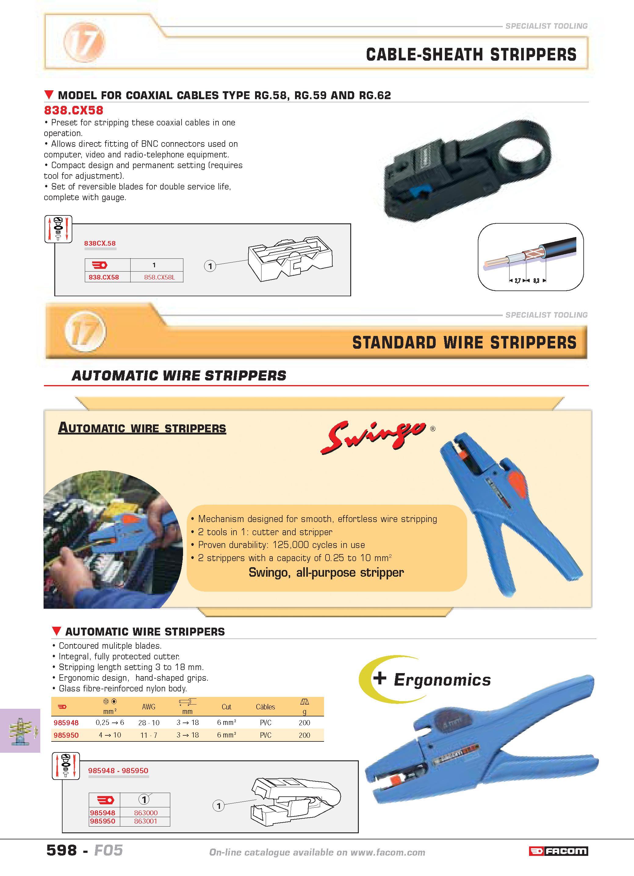 595 SPECIALIST TOOLING CABLE-SHEATH STRIPPERS MODEL FOR COAXIAL CABLES TYPE RG 58 RG 59 AND RG 62 838 CX58 Preset for stripping these coaxial cables Каталог FACOM 2005 Профессиональный ручной инструмент и специальное оборудование для предприятий и мастерских Стр. 598 ENG