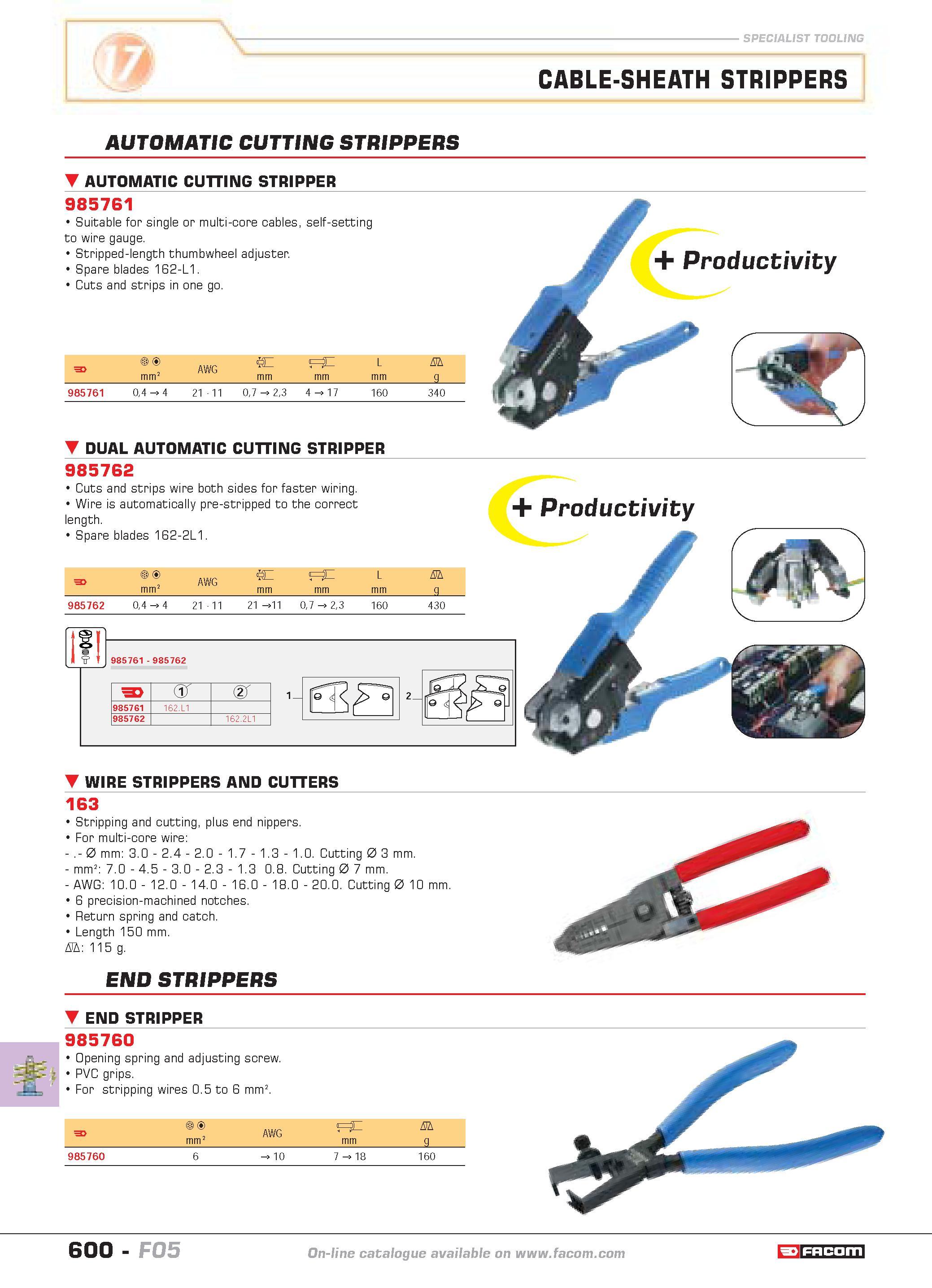 597 CABLE-SHEATH STRIPPERS AUTOMATIC CUTTING STRIPPERS AUTOMATIC CUTTING STRIPPER 985761 Suitable for single or multi-core cables self-setting to wir Каталог FACOM 2005 Профессиональный ручной инструмент и специальное оборудование для предприятий и мастерских Стр. 600 ENG
