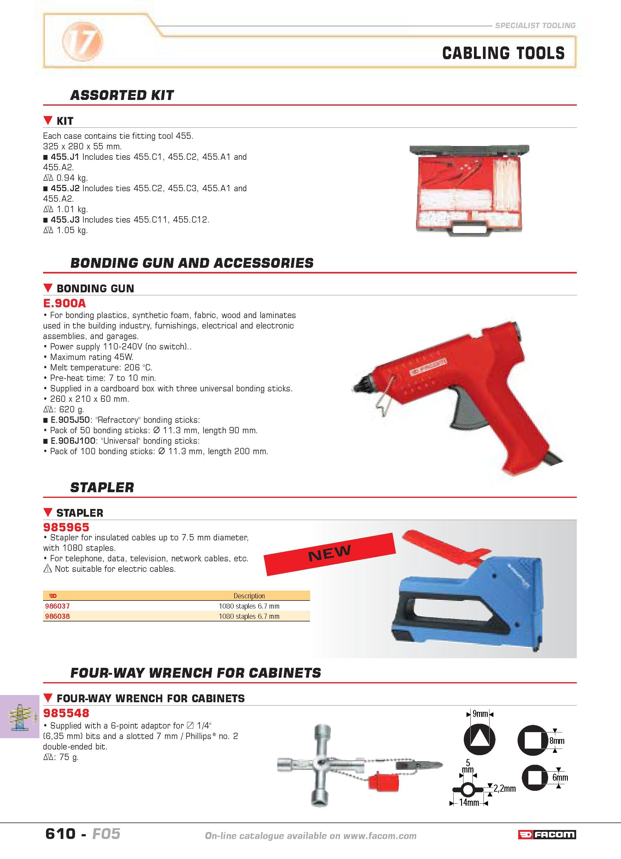 607 CABLING TOOLS ASSORTED KIT KIT Each case contains tie fitting tool 455 325 x 280 x 55 mm 455 J1 Includes ties 455 C1 455 C2 455 A1 and 455 A2 D 0 Каталог FACOM 2005 Профессиональный ручной инструмент и специальное оборудование для предприятий и мастерских Стр. 610 ENG