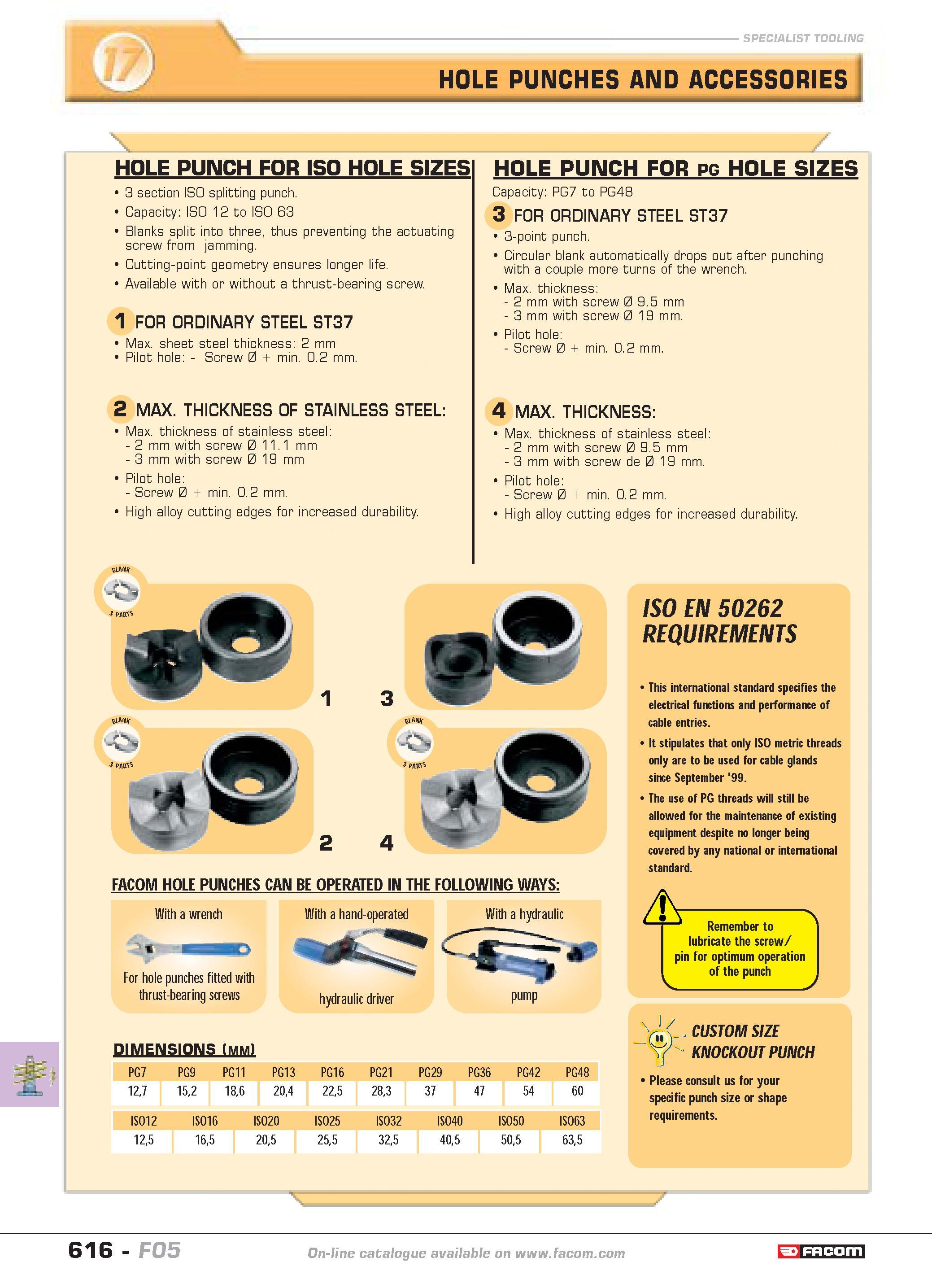 613 SPECIALIST TOOLING HOLE PUNCHES AND ACCESSORIES HOLE PUNCH FOR ISO HOLE SIZES 3 section ISO splitting punch Capacity ISO 12 to ISO 63 Blanks spli Каталог FACOM 2005 Профессиональный ручной инструмент и специальное оборудование для предприятий и мастерских Стр. 616 ENG