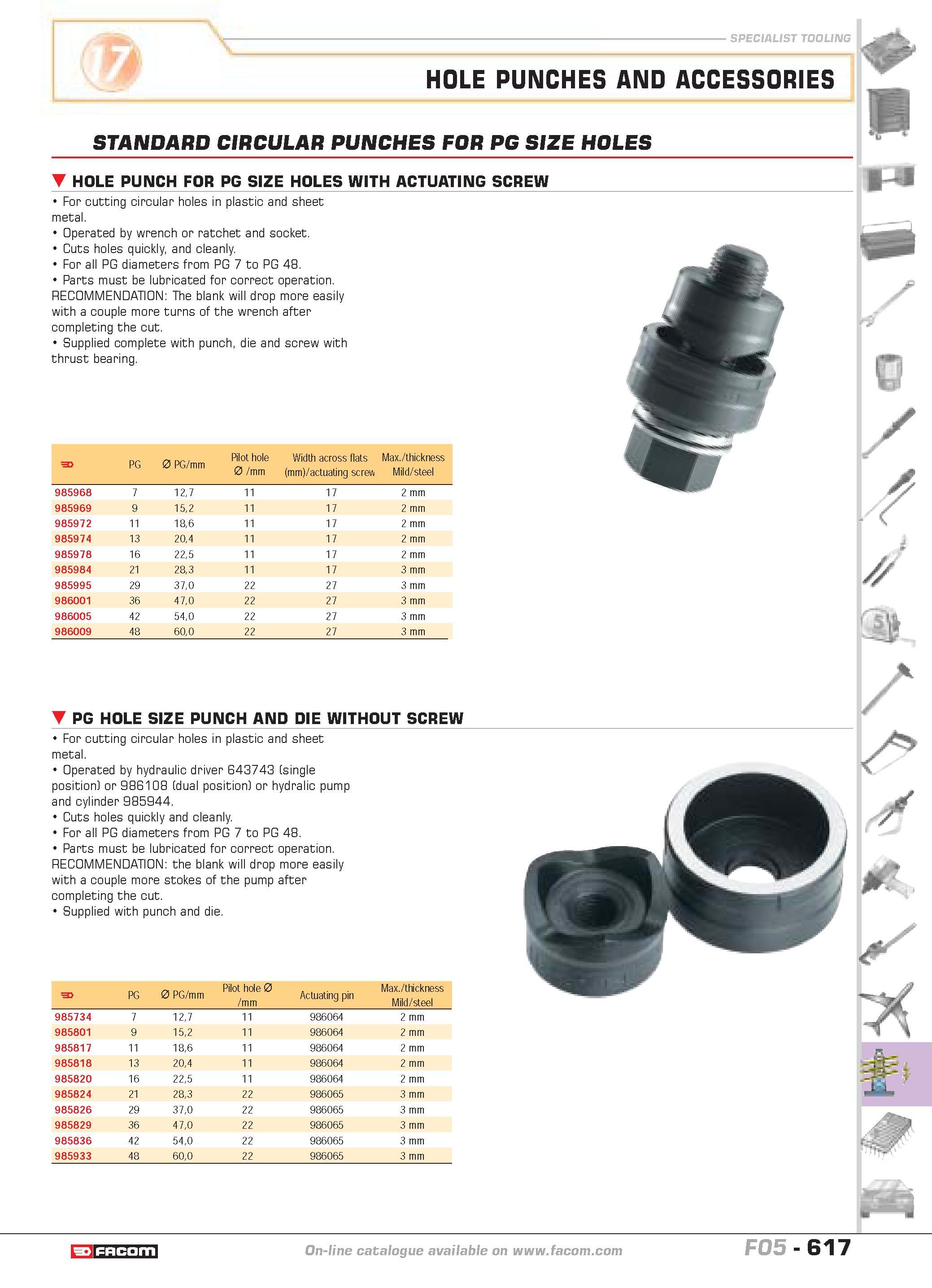 614 SPECIALIST TOOLING HOLE PUNCHES AND ACCESSORIES STANDARD CIRCULAR PUNCHES FOR PG SIZE HOLES HOLE PUNCH FOR PG SIZE HOLES WITH ACTUATING SCREW For Каталог FACOM 2005 Профессиональный ручной инструмент и специальное оборудование для предприятий и мастерских Стр. 617 ENG