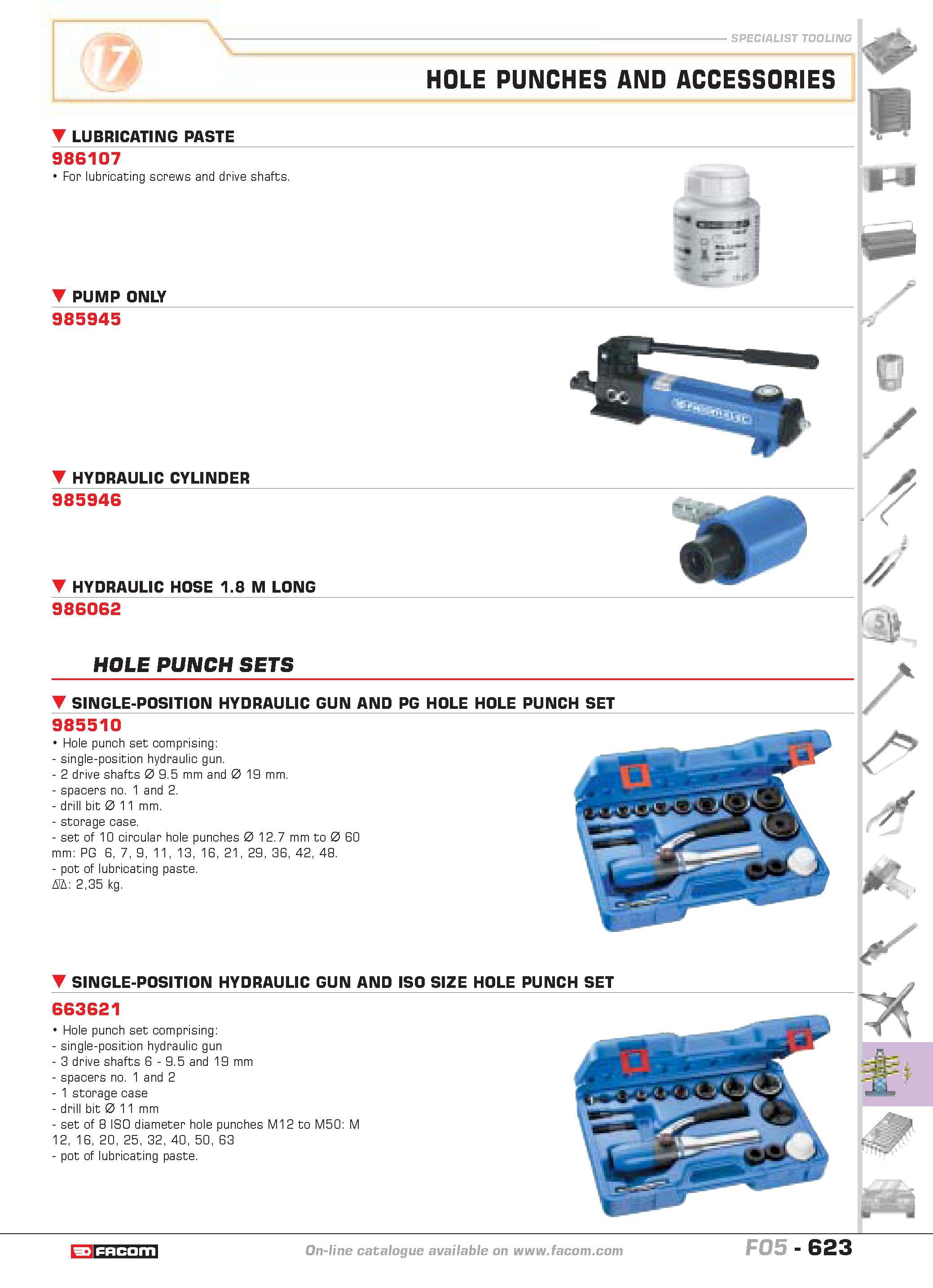 620 SPECIALIST TOOLING HOLE PUNCHES AND ACCESSORIES LUBRICATING PASTE 986107 For lubricating screws and drive shafts PUMP ONLY 985945 HYDRAULIC CYLIN Каталог FACOM 2005 Профессиональный ручной инструмент и специальное оборудование для предприятий и мастерских Стр. 623 ENG