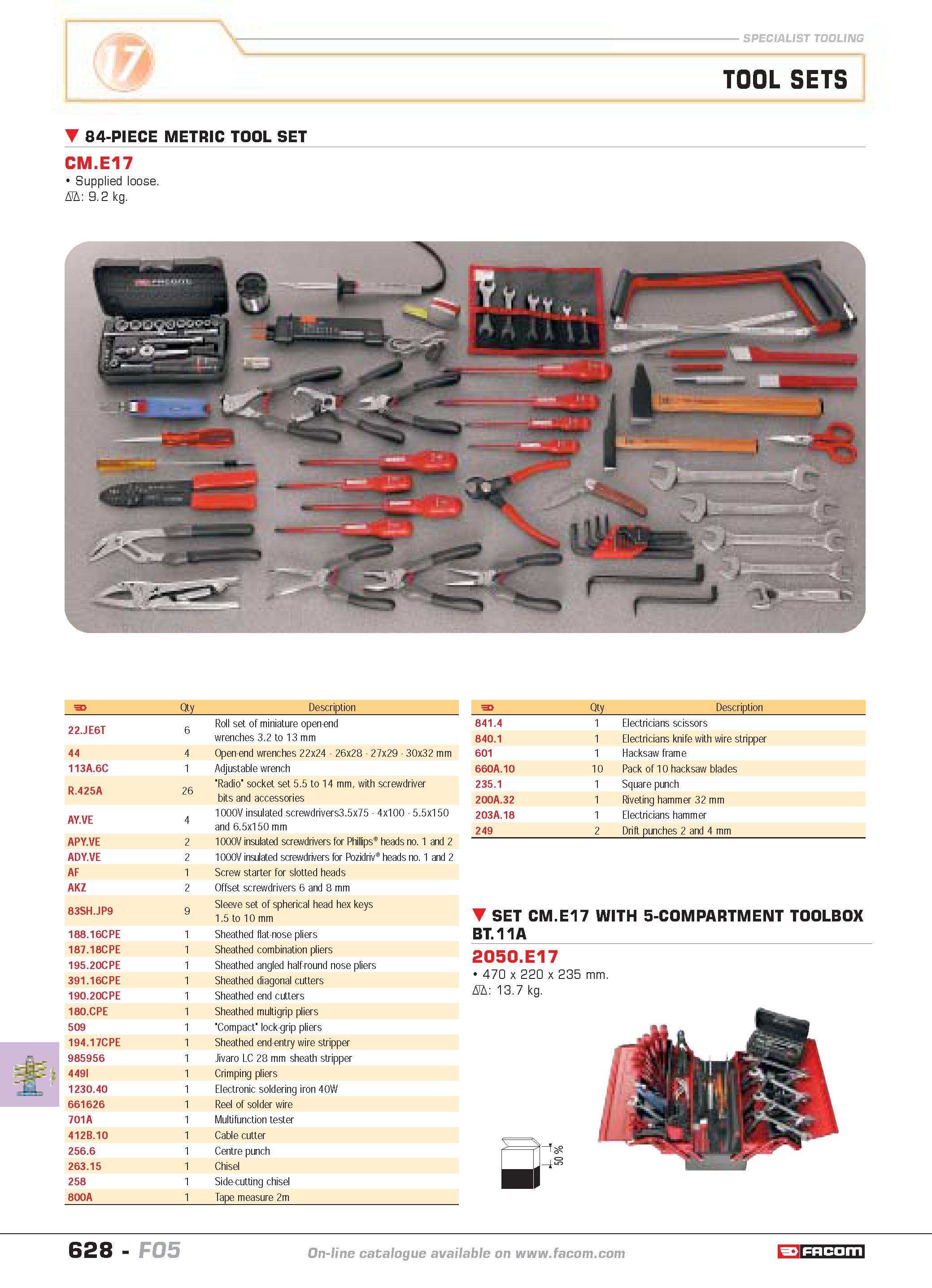625 SPECIALIST TOOLING TOOL SETS 84-PIECE METRIC TOOL SET CM E17 Supplied loose D 9 2 kg F Qty Description 22 JE6T 6 Roll set of miniature open-end w Каталог FACOM 2005 Профессиональный ручной инструмент и специальное оборудование для предприятий и мастерских Стр. 628 ENG