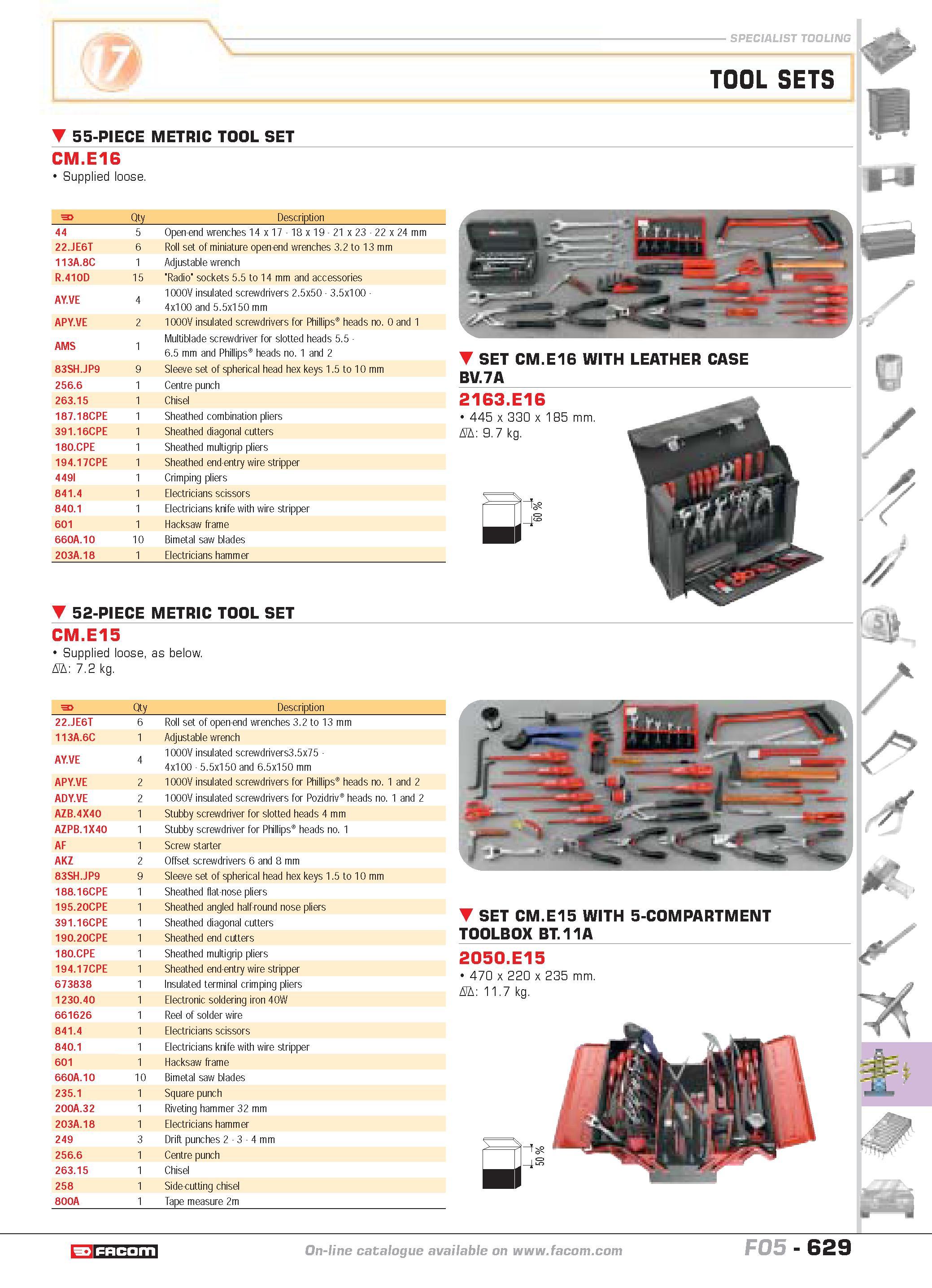 626 SPECIALIST TOOLING TOOL SETS 55-PIECE METRIC TOOL SET CM E16 Supplied loose F Qty Description 44 5 Open-end wrenches 14 x 17 18 x 19 21 x 23 22 x Каталог FACOM 2005 Профессиональный ручной инструмент и специальное оборудование для предприятий и мастерских Стр. 629 ENG