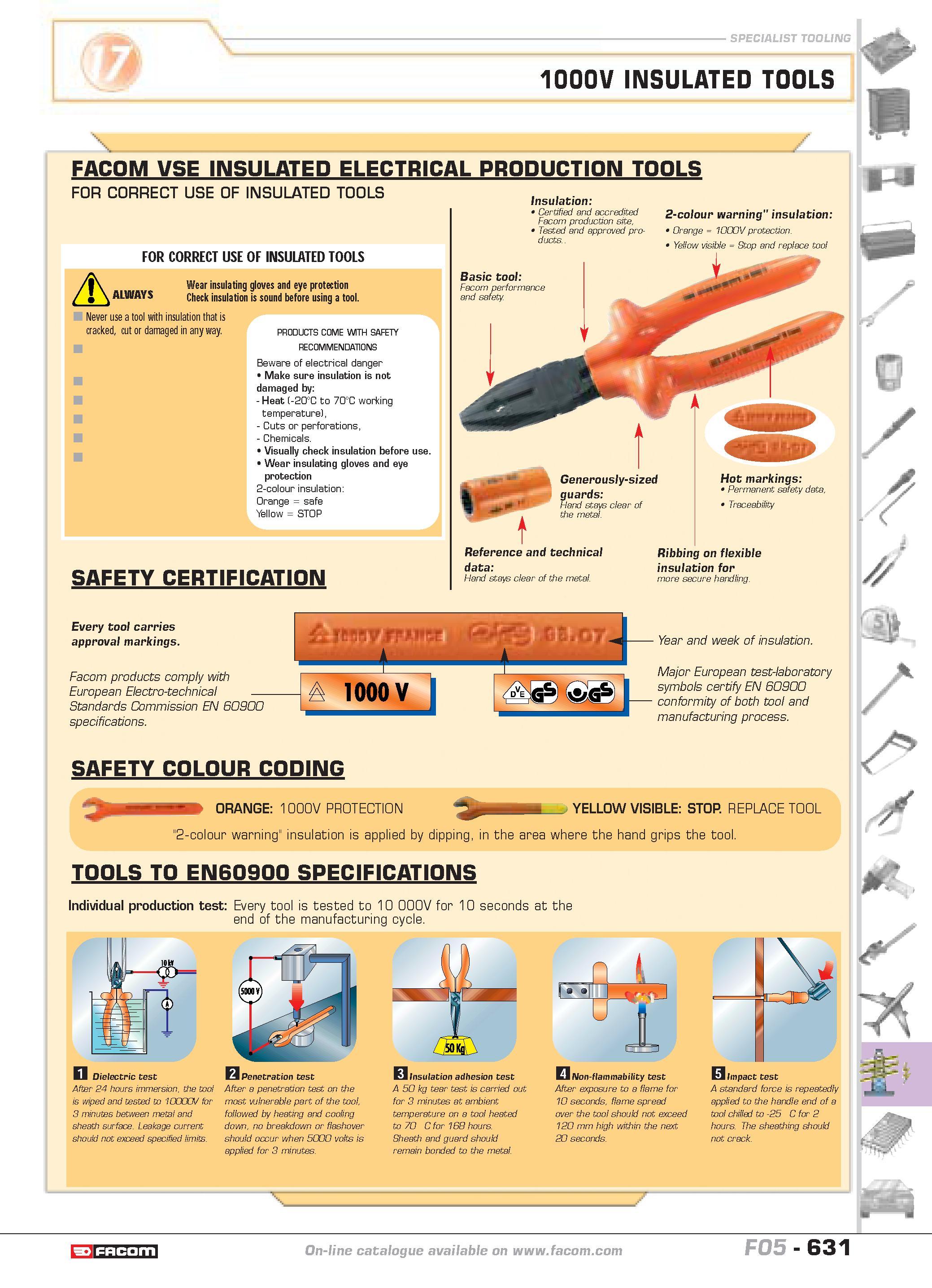 628 SPECIALIST TOOLING 1000V INSULATED TOOLS FACOM VSE INSULATED ELECTRICAL PRODUCTION TOOLS FOR CORRECT USE OF INSULATED TOOLS FOR CORRECT USE OF IN Каталог FACOM 2005 Профессиональный ручной инструмент и специальное оборудование для предприятий и мастерских Стр. 631 ENG