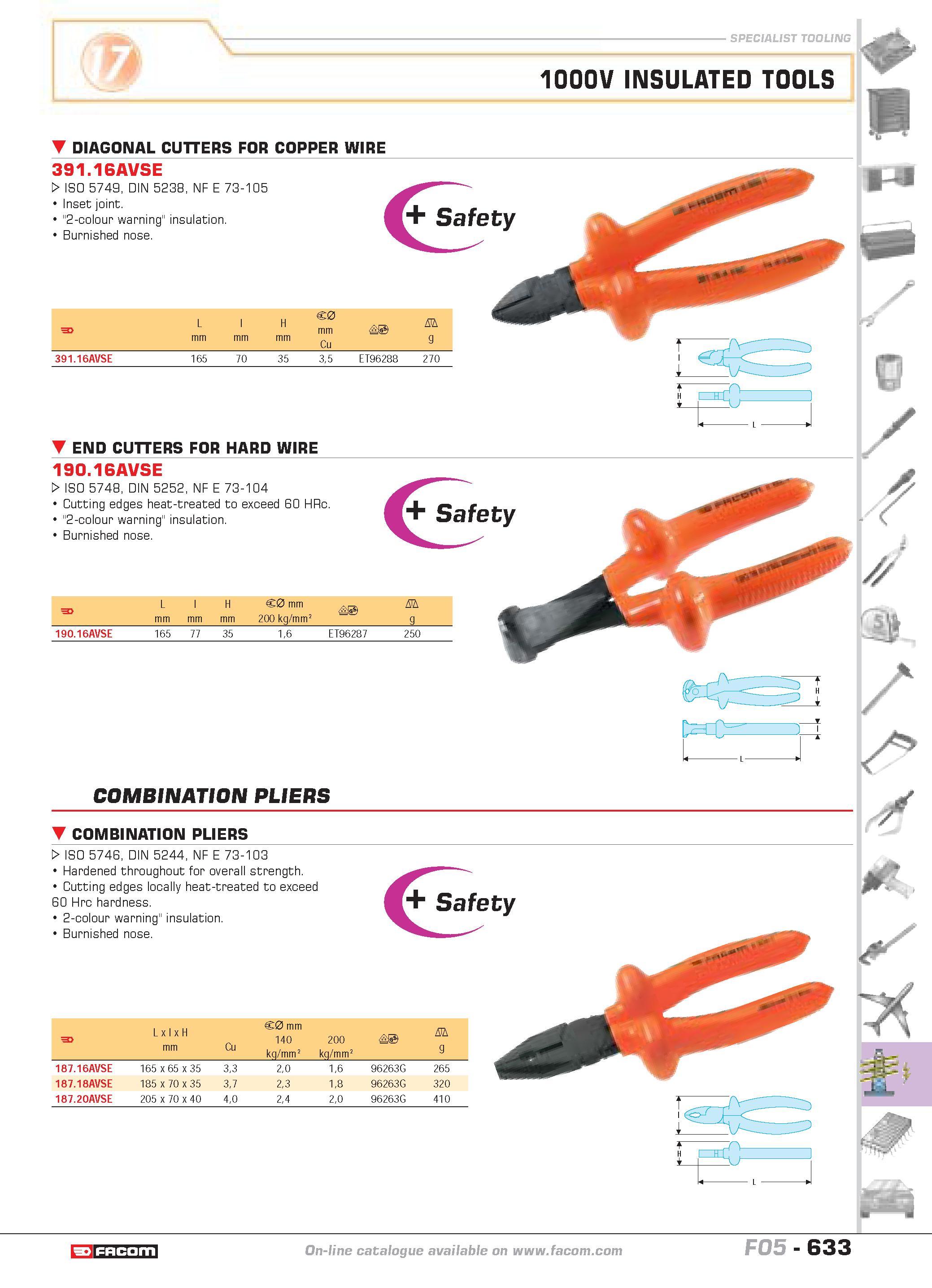 630 SPECIALIST TOOLING 1000V INSULATED TOOLS DIAGONAL CUTTERS FOR COPPER WIRE 391 16AVSE W ISO 5749 DIN 5238 NF E 73-105 Inset joint 2-colour warning Каталог FACOM 2005 Профессиональный ручной инструмент и специальное оборудование для предприятий и мастерских Стр. 633 ENG