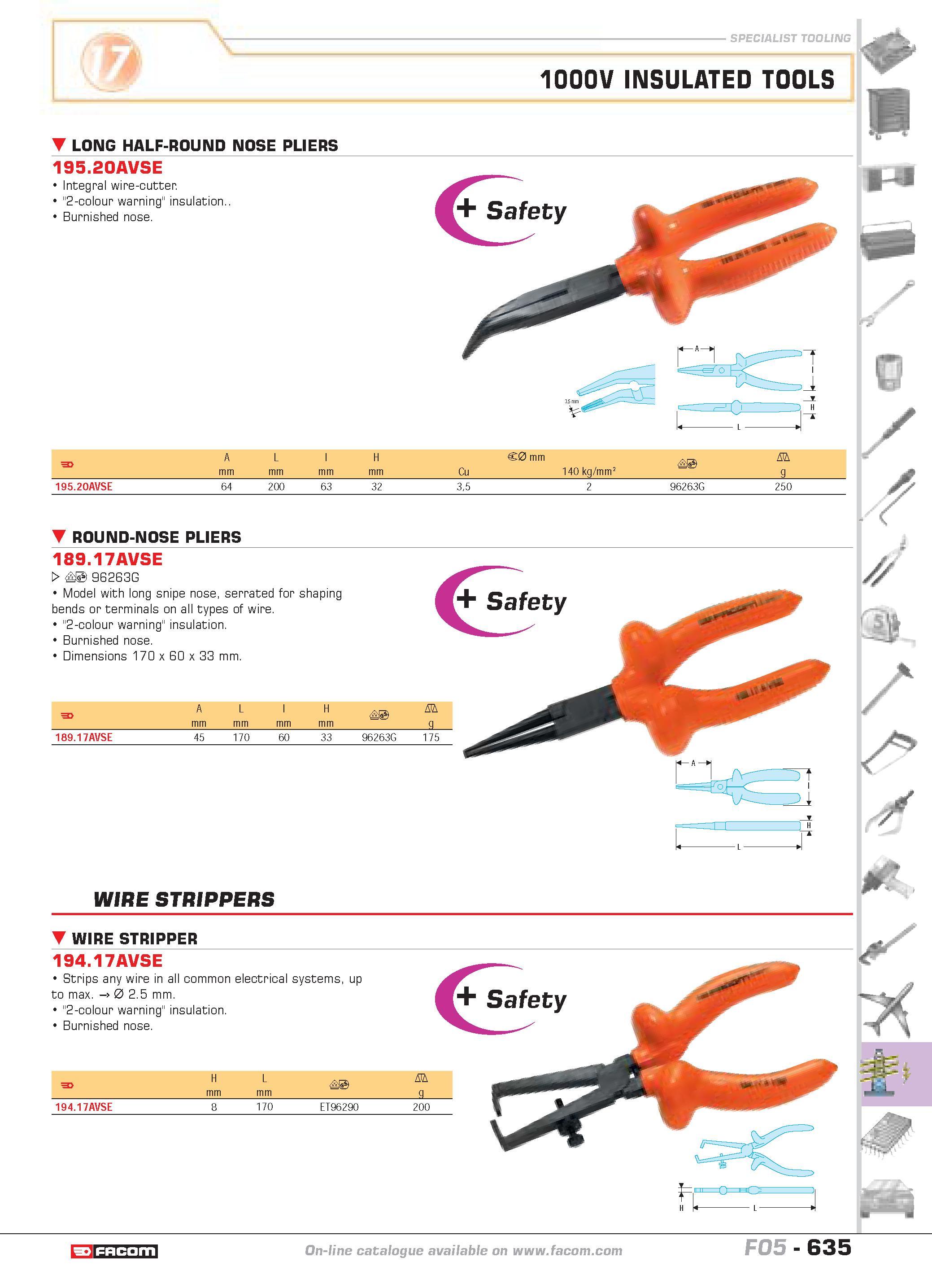 632 SPECIALIST TOOLING 1000V INSULATED TOOLS LONG HALF-ROUND NOSE PLIERS 195 20AVSE Integral wire-cutter 2-colour warning insulation Burnished nose F Каталог FACOM 2005 Профессиональный ручной инструмент и специальное оборудование для предприятий и мастерских Стр. 635 ENG
