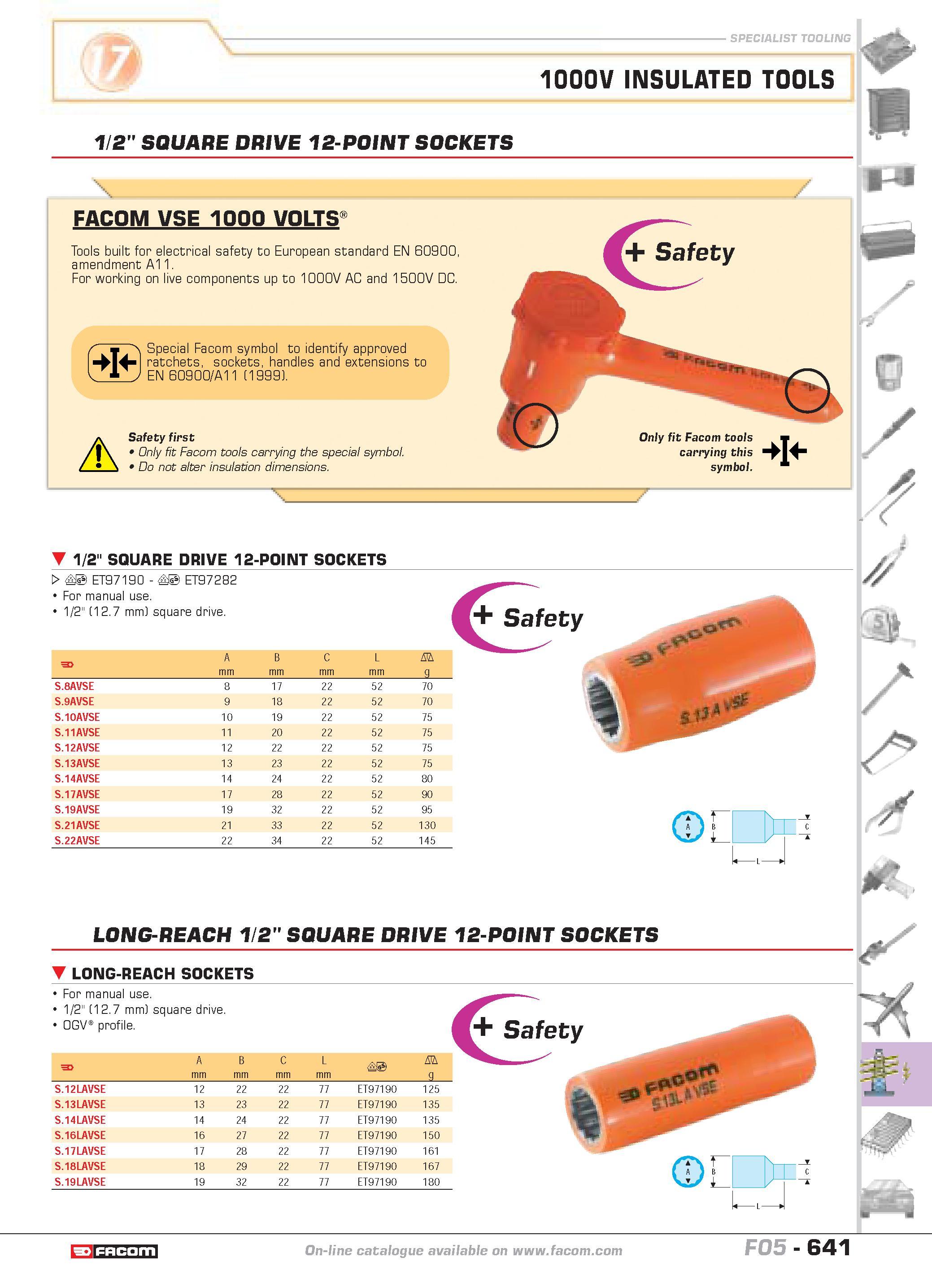 638 SPECIALIST TOOLING 1000V INSULATED TOOLS 1 2 SQUARE DRIVE 12-POINT SOCKETS x FACOM VSE 1000 VOLTS Tools built for electrical safety to European s Каталог FACOM 2005 Профессиональный ручной инструмент и специальное оборудование для предприятий и мастерских Стр. 641 ENG