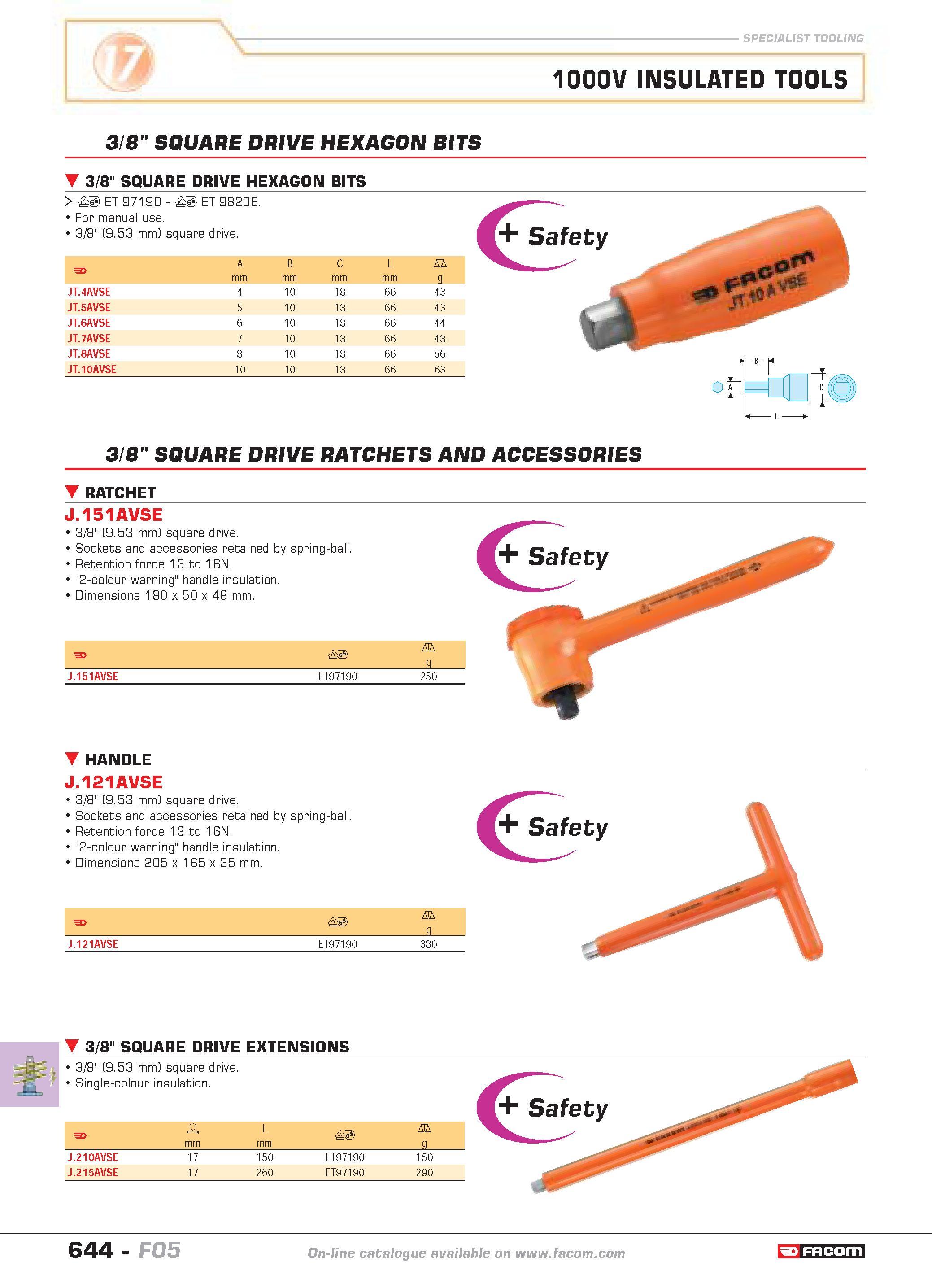 641 SPECIALIST TOOLING 1000V INSULATED TOOLS 3 8 SQUARE DRIVE HEXAGON BITS 3/8 SQUARE DRIVE HEXAGON BITS W a ET 97190 For manual use 3/8 (9 53 mm a E Каталог FACOM 2005 Профессиональный ручной инструмент и специальное оборудование для предприятий и мастерских Стр. 644 ENG