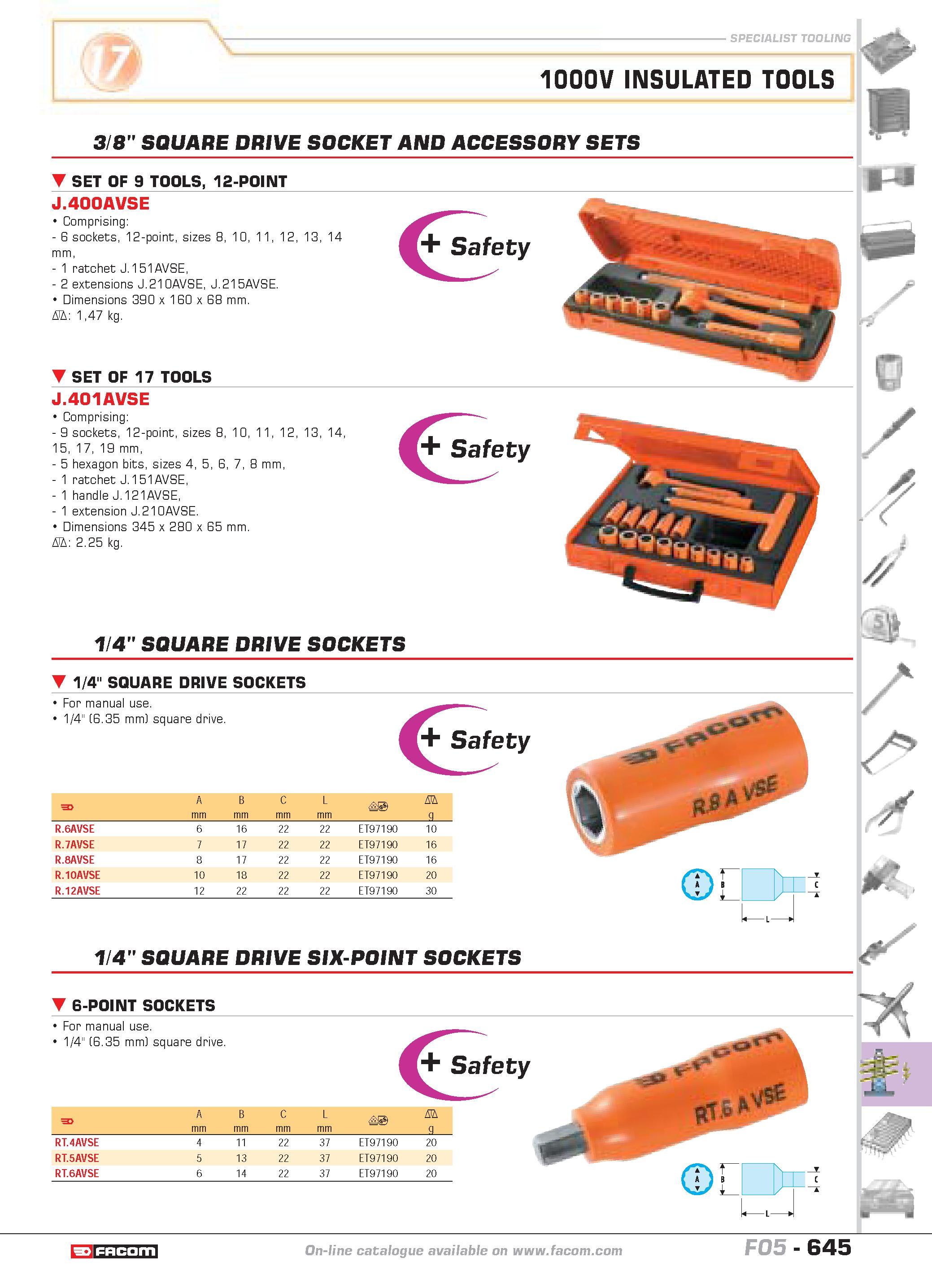 642 SPECIALIST TOOLING 1000V INSULATED TOOLS 3 8 SQUARE DRIVE SOCKET AND ACCESSORY SETS SET OF 9 TOOLS 12-POINT J 400AVSE Comprising 6 sockets 12-poi Каталог FACOM 2005 Профессиональный ручной инструмент и специальное оборудование для предприятий и мастерских Стр. 645 ENG