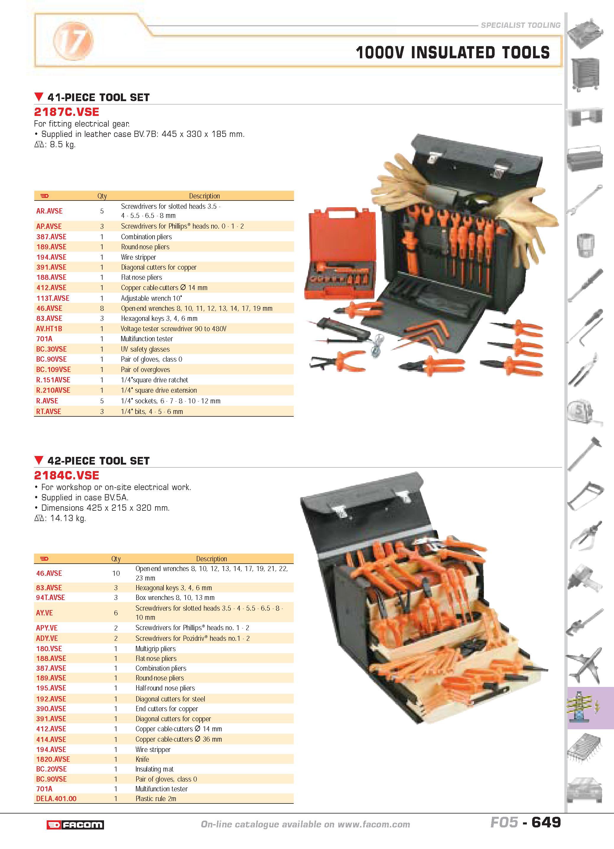 646 SPECIALIST TOOLING 1000V INSULATED TOOLS 41-PIECE TOOL SET 2187C VSE For fitting electrical gear Supplied in leather case BV 7B 445 x 330 x 185 m Каталог FACOM 2005 Профессиональный ручной инструмент и специальное оборудование для предприятий и мастерских Стр. 649 ENG