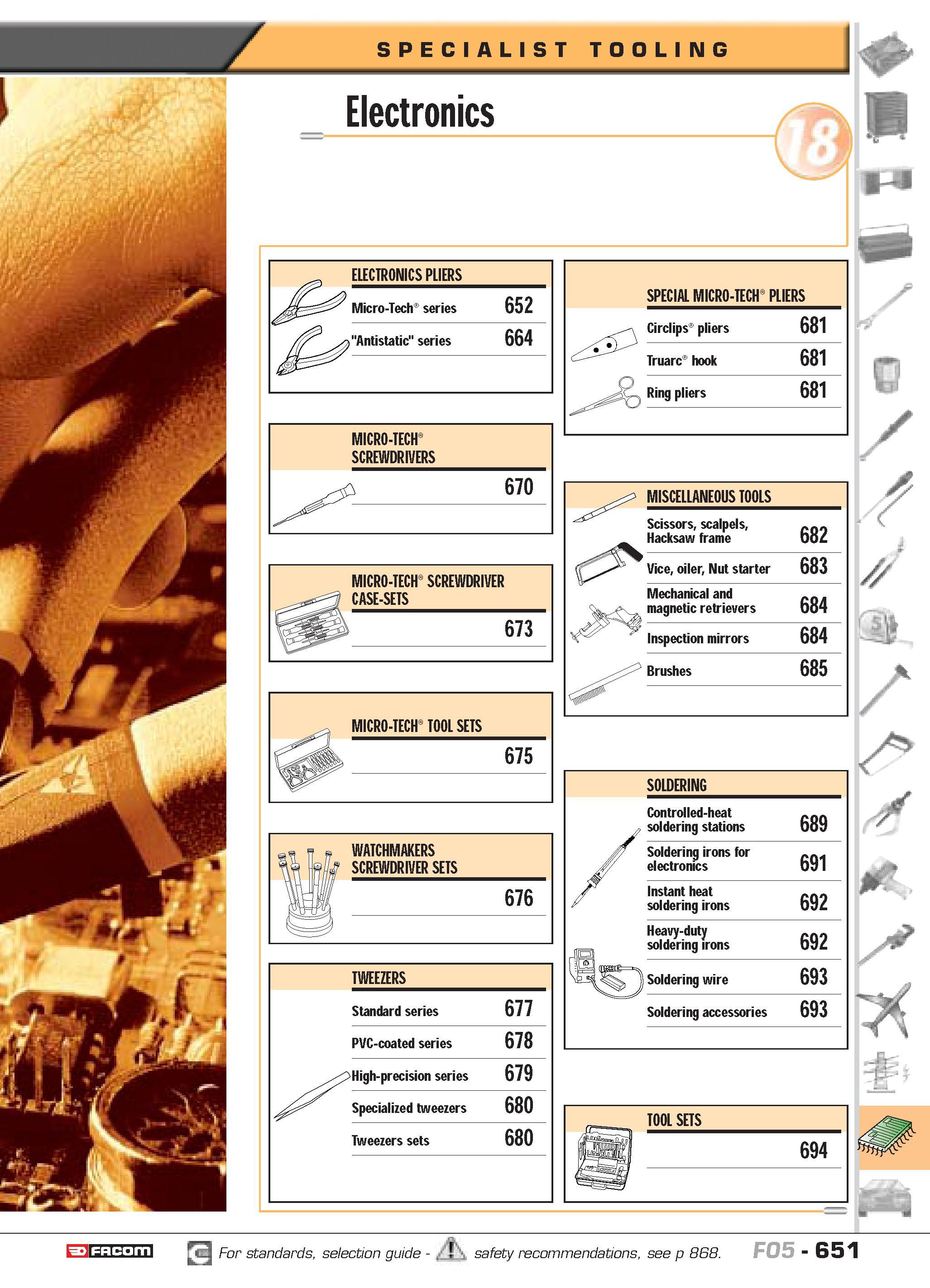 648 SPECIALIST TOOLING Electronics MICRO-TECH8 SCREWDRIVER CASE-SETS 673 TWEEZERS Standard series 677 PVC-coated series 678 High-precision series 679 Каталог FACOM 2005 Профессиональный ручной инструмент и специальное оборудование для предприятий и мастерских Стр. 651 ENG