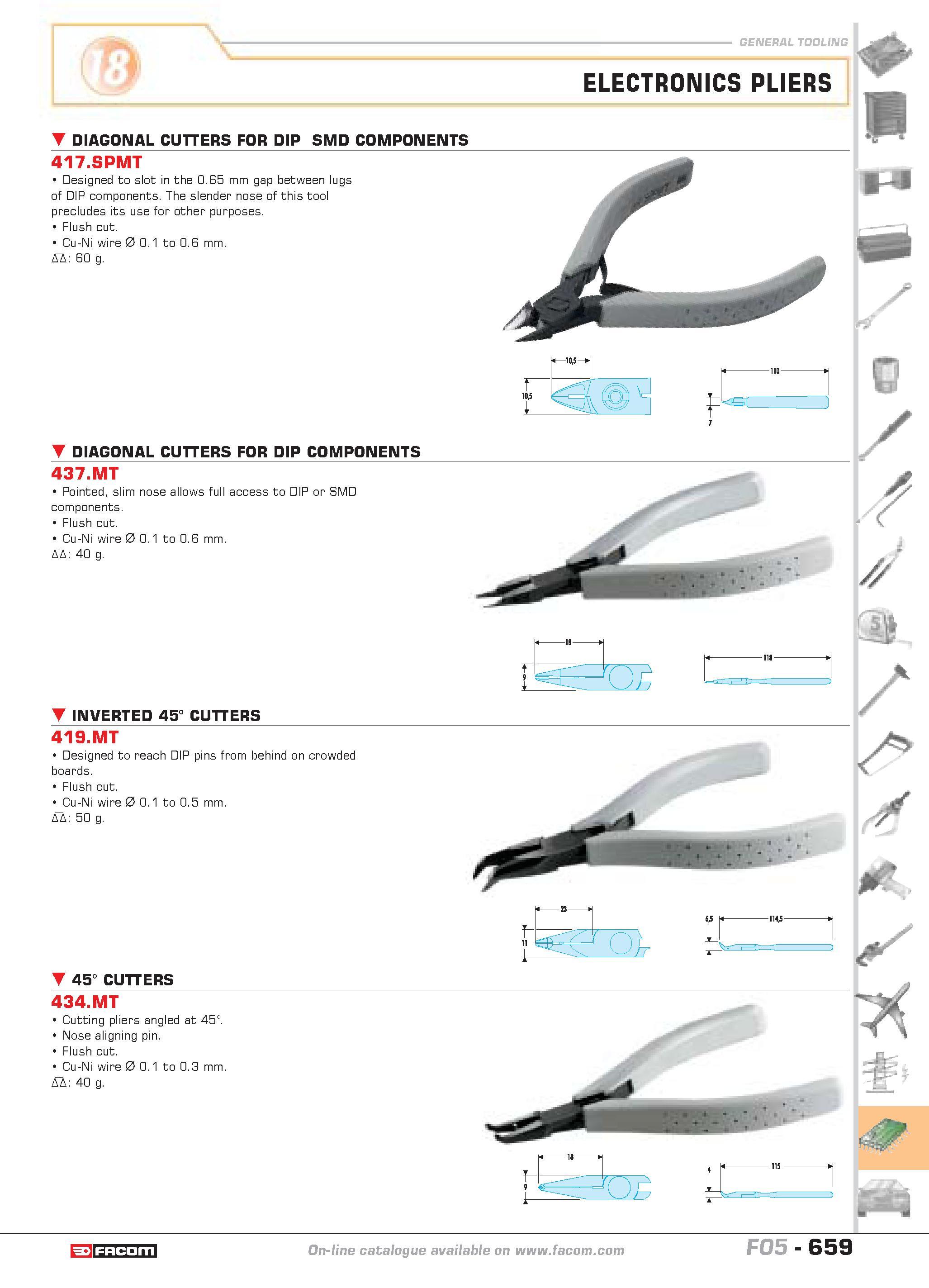 656 ELECTRONICS PLIERS DIAGONAL CUTTERS FOR DIP SMD COMPONENTS 417 SPMT Designed to slot in the 0 65 mm gap between lugs of DIP components The slende Каталог FACOM 2005 Профессиональный ручной инструмент и специальное оборудование для предприятий и мастерских Стр. 659 ENG