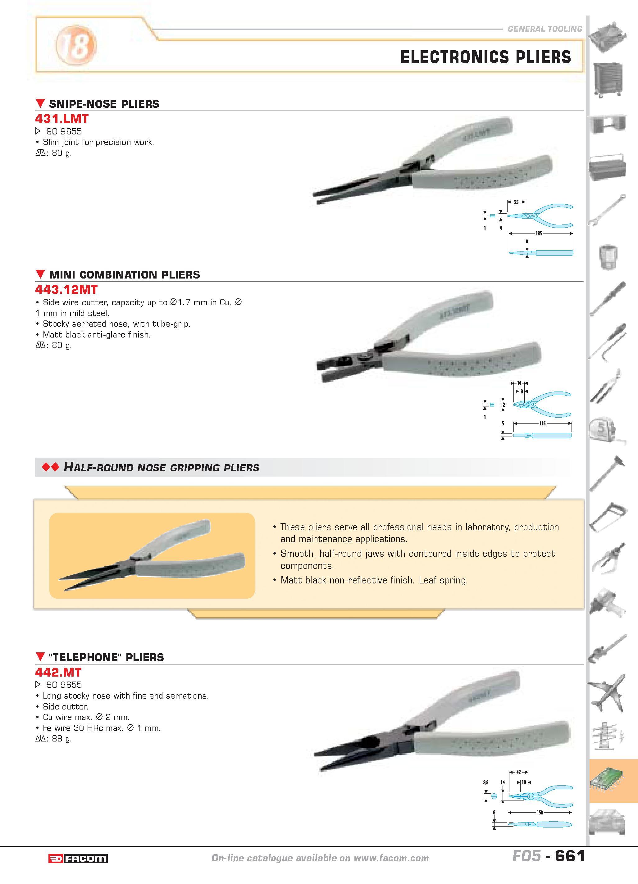 658 general tooling ELECTRONICS PLIERS SNIPE-NOSE PLIERS 431 LMT W ISO 9655 Slim joint for precision work D 80 g Side wire-cutter capacity up to 01 7 Каталог FACOM 2005 Профессиональный ручной инструмент и специальное оборудование для предприятий и мастерских Стр. 661 ENG