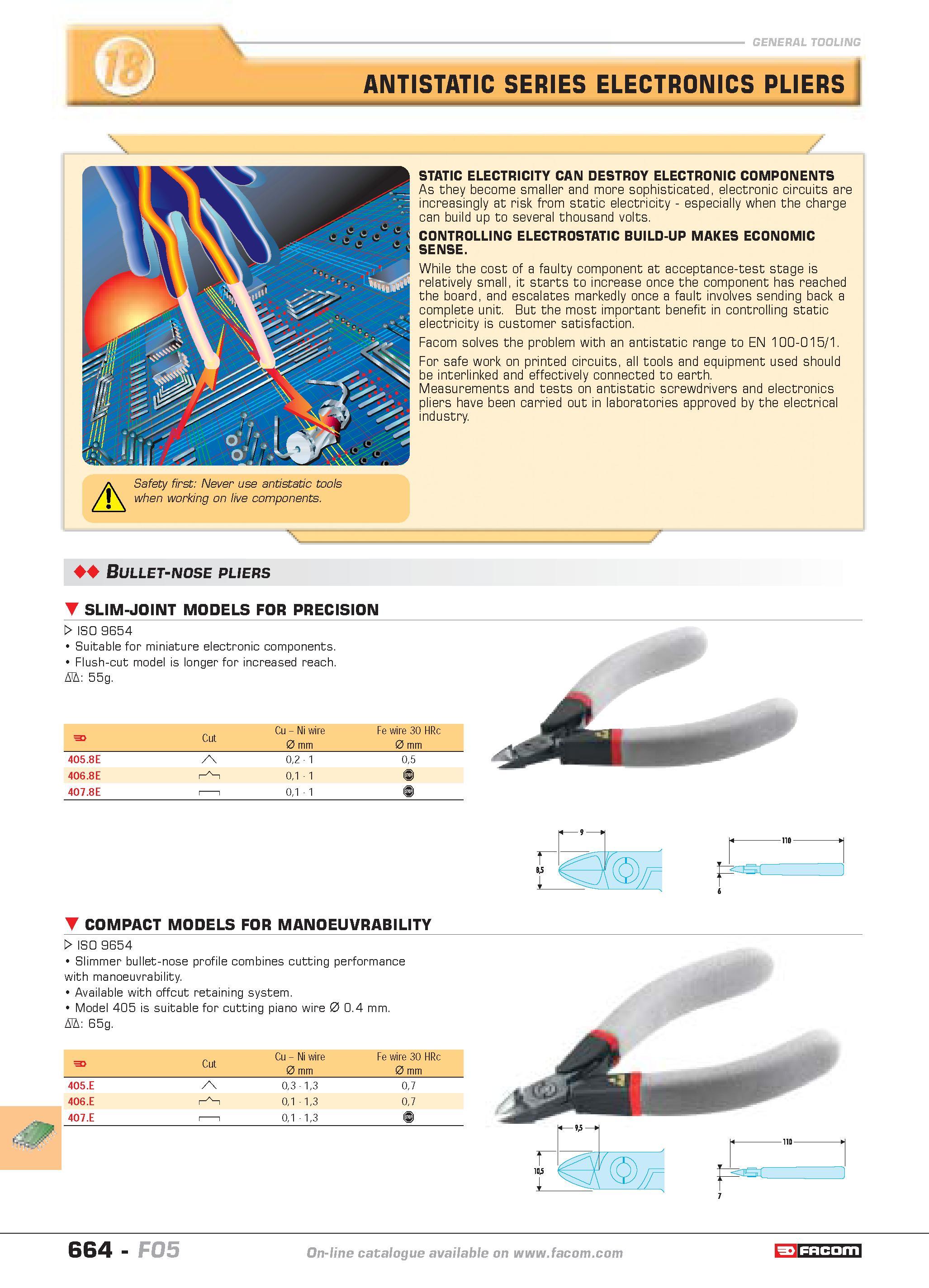 661 ANTISTATIC SERIES ELECTRONICS PLIERS A Safety first Never use antistatic tools when working on live components STATIC ELECTRICITY CAN DESTROY ELE Каталог FACOM 2005 Профессиональный ручной инструмент и специальное оборудование для предприятий и мастерских Стр. 664 ENG