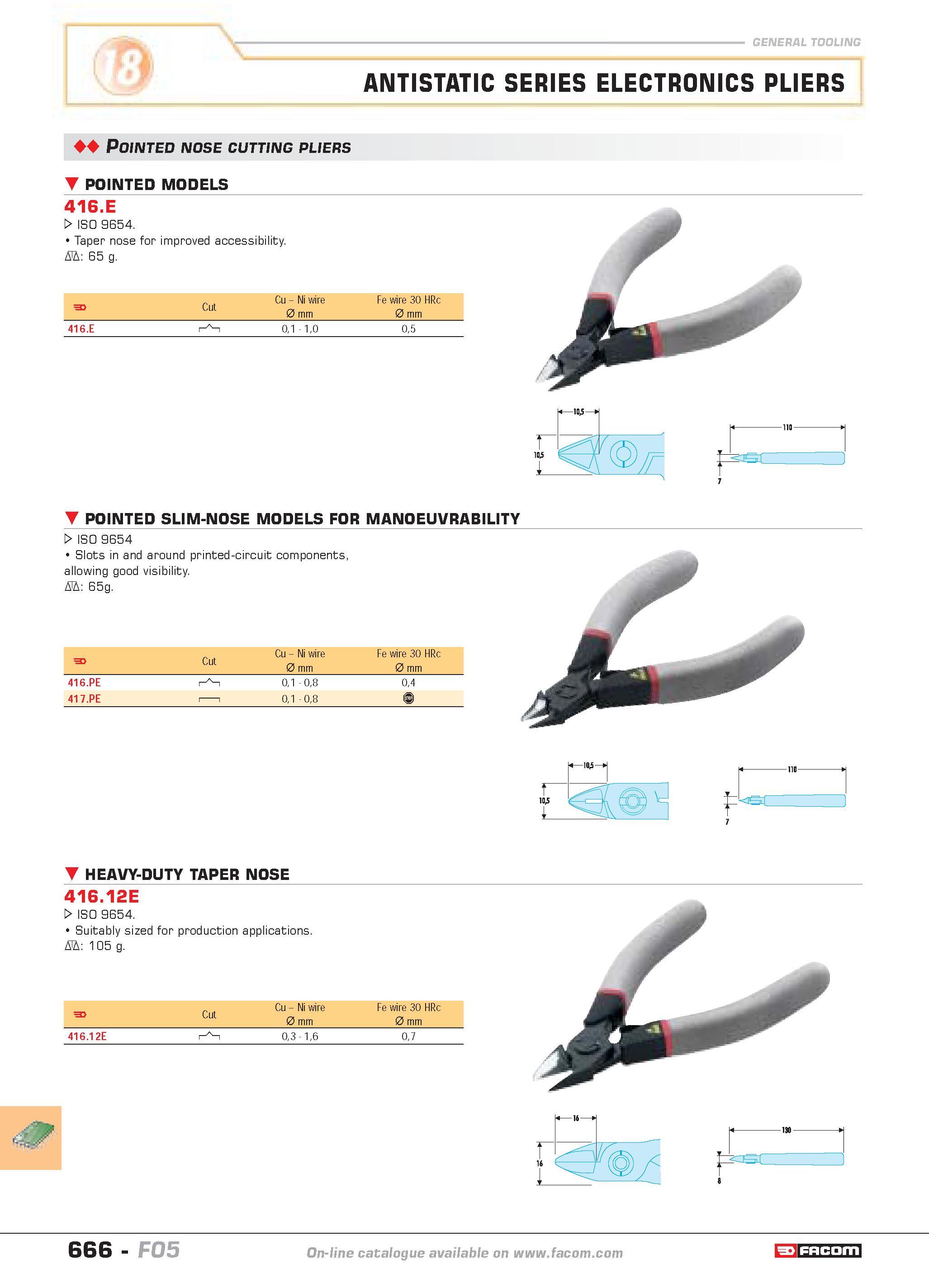 663 general tooling ANTISTATIC SERIES ELECTRONICS PLIERS Pointed nose cutting pliers POINTED MODELS 416 E W ISO 9654 Taper nose for improved accessib Каталог FACOM 2005 Профессиональный ручной инструмент и специальное оборудование для предприятий и мастерских Стр. 666 ENG